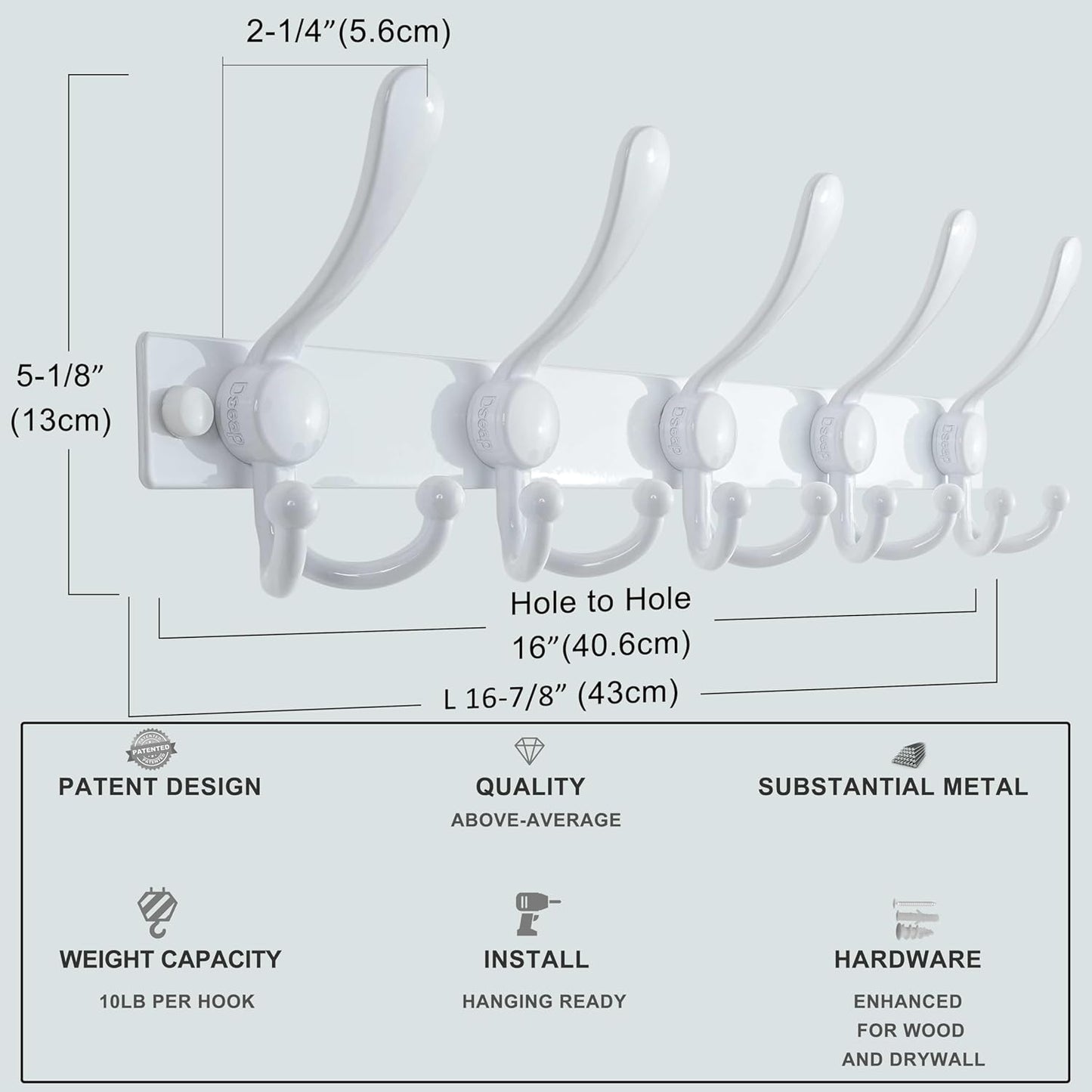 Dseap Coat Rack Wall Mount 2.0 Pro: Heavy Duty 300% Thicker, 16" Stud Mount, Stainless Steel Wall Coat Hooks Hanger for Clothes Jackets Hats Entryway Closet, MaxStrong Series, White, Pack of 2