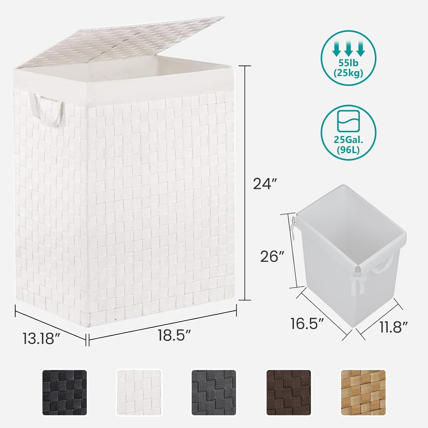 Foldable Laundry Hamper Basket with Lid by Fiona's magic, Handwoven 96L Large Clothes Hamper with Removable Liner Bags, Collapsible Tall Hamper for Bedroom, Bathroom and Dorm Organizer, 2Pack, White