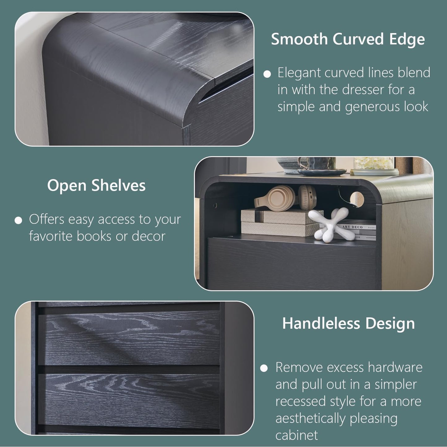25" Tall Modern Nightstand with Charging Station, 23.6'' Wide Wood Bedside Table w/2 Storage Drawers, Large Mid Century End Table for Bedroom, Living Room, Curved Profile Design, Black
