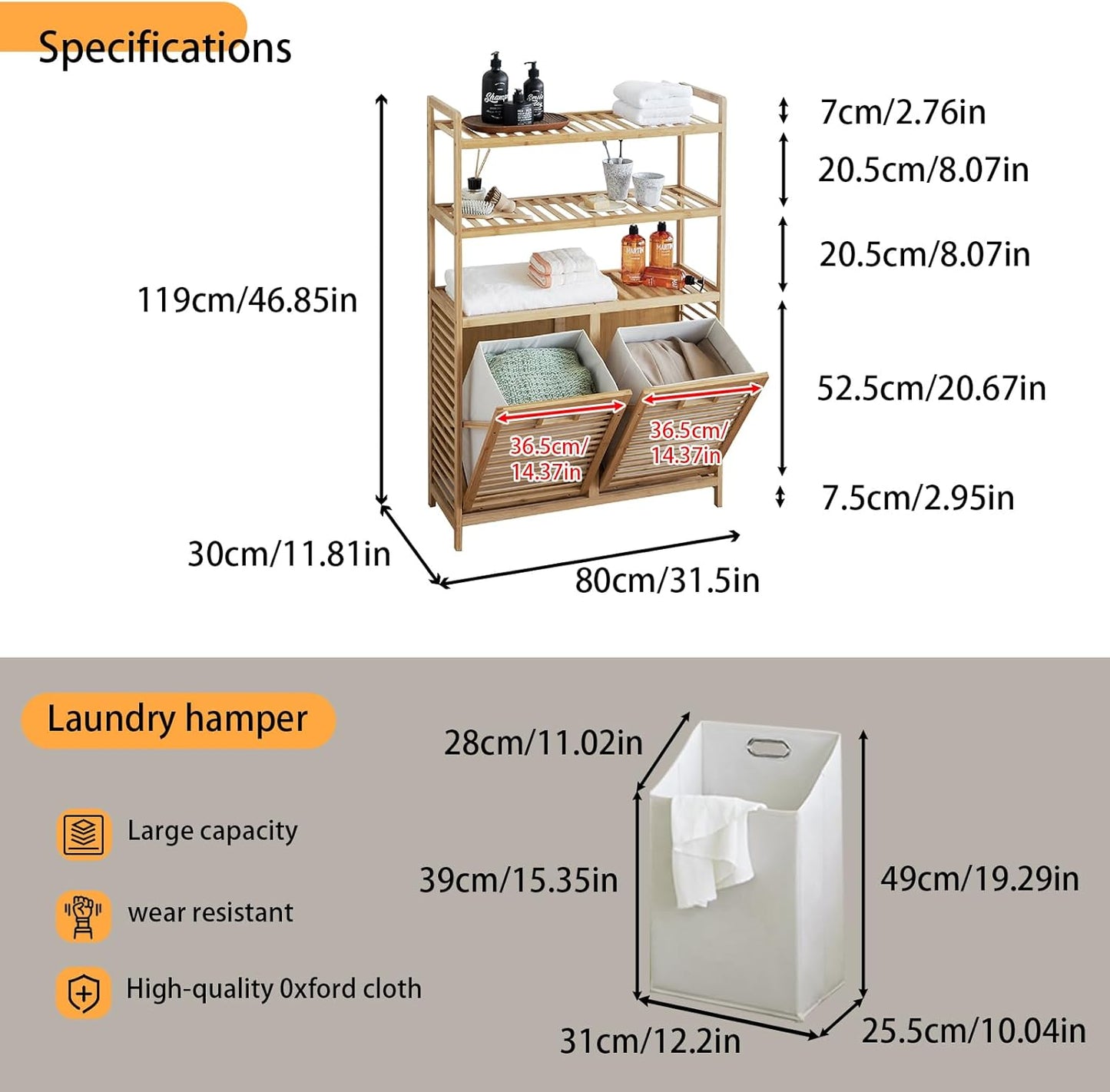 Double Tilt Out Laundry Hamper, Bamboo Hamper with 2 Removable Bags, Pull Out Laundry Hamper Cabinet, Bathroom Storage Shelf for Laundry Room, Living Room, Bedroom (3-Tier, Natural)