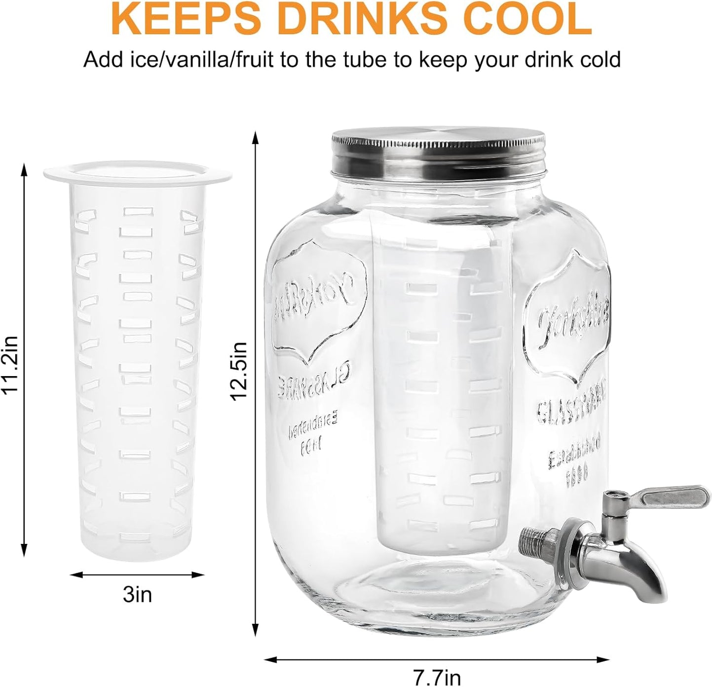 2 Gallon Glass Beverage Dispenser with Lid, Stainless Steel Spigot, Glass Drink Dispensers for Parties, Lemonade Dispenser With Ice Cylinder for Weddings, Party,Sun Tea Jar, Water Juice Dispensers