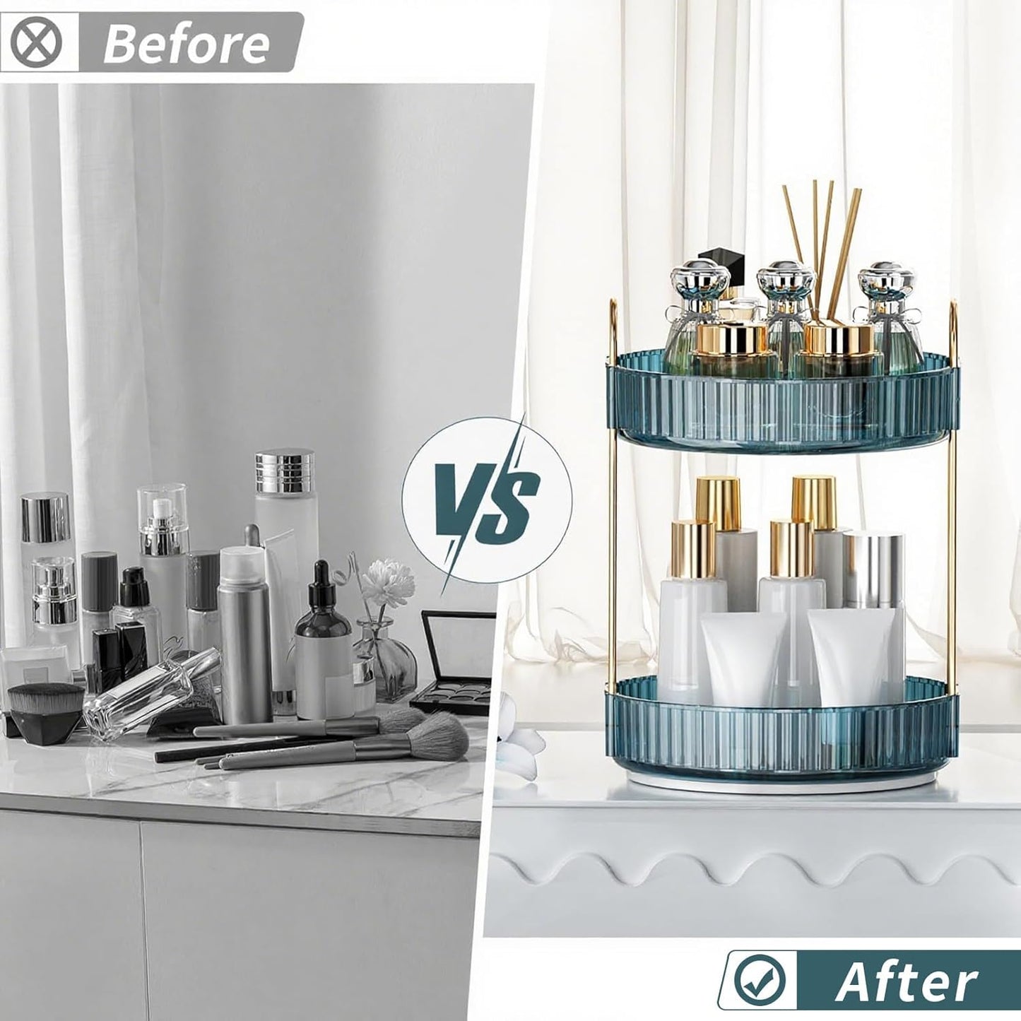 360° Rotating Makeup Organizer, Bathroom Organizers and Storage Holder Rack, Large Capacity Vanity Shelf Countertop, Fits Cosmetics, Perfume, Skin Care(Blue, 2 Tiers)