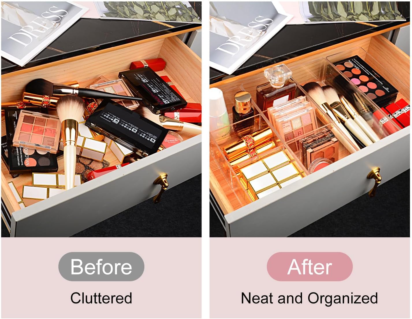 JessLab Acrylic Organizers, Bathroom Organizer for Drawer, 4-Pack Cosmetic Display Cases for Vanity, Countertop, Desk, Kitchen, and Makeup Storage, 3 Compartment