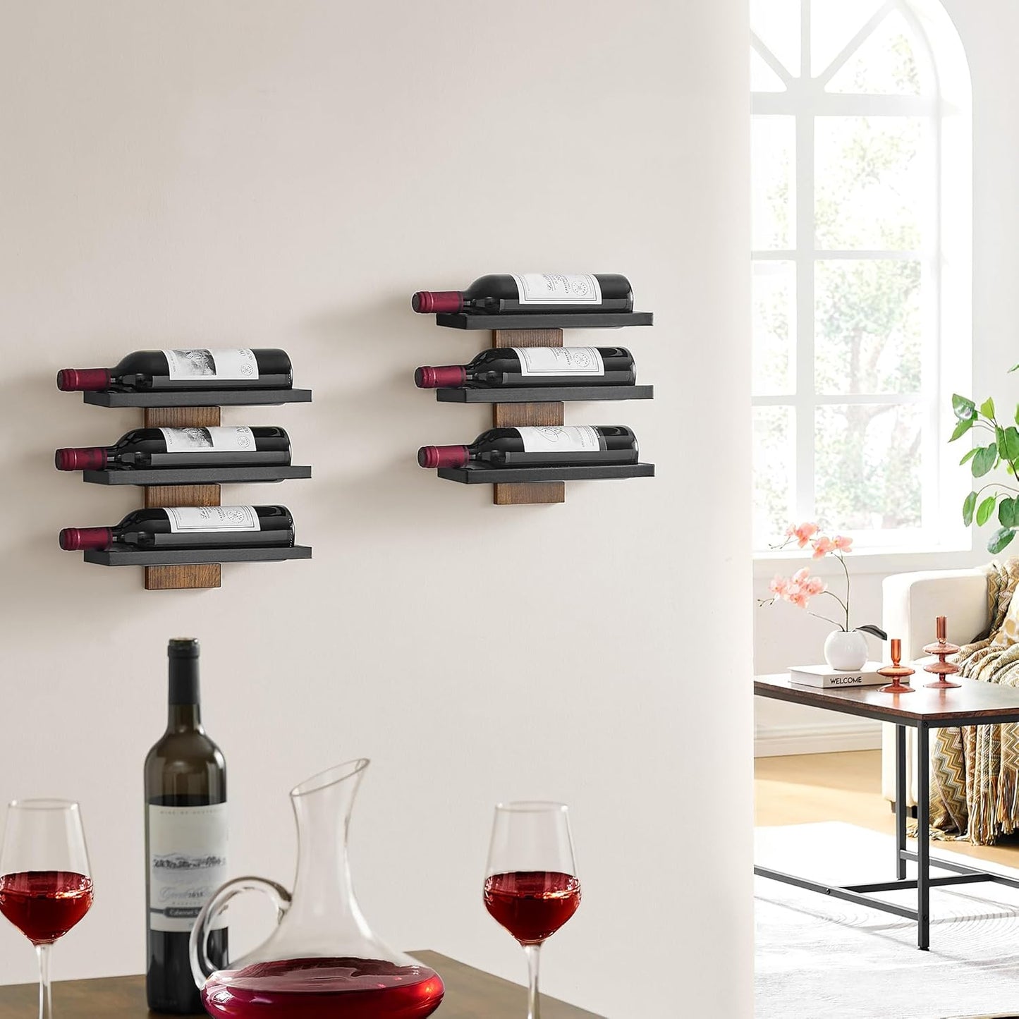 Hoctieon 3-Tier Wall Mount Wine Rack Set (6 Bottles), Wall Mounted Wine Bottle Racks for Display and Storage, Hanging Bottle Holder, for Living Room, Dining Room, Bar, Wine Cellar, Rustic Brown