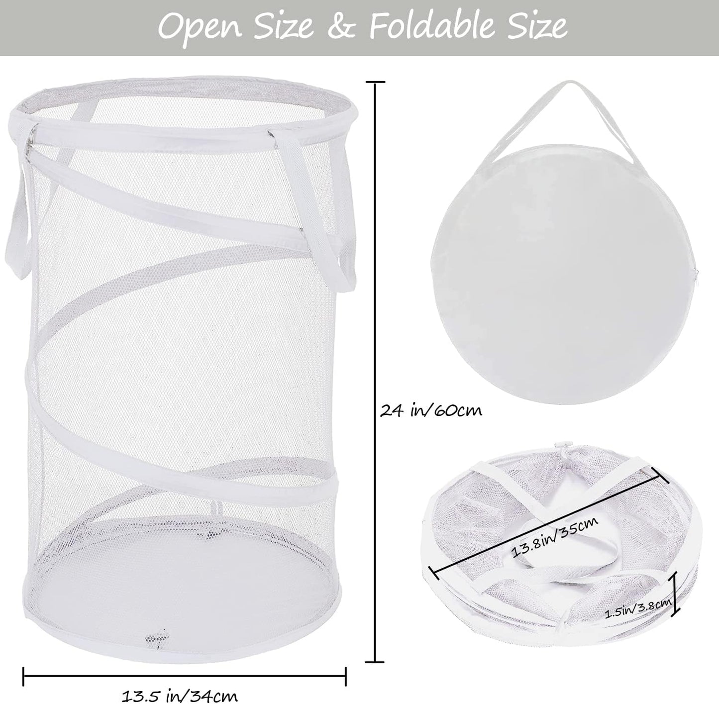 BATTOO 2 Pack White Large Collapsible Laundry Basket Foldable Mesh Pop Up Hamper with Handles for Laundry Room, Bathroom, Kids Room, College Dorm, Travel, Camping, Gift Basket