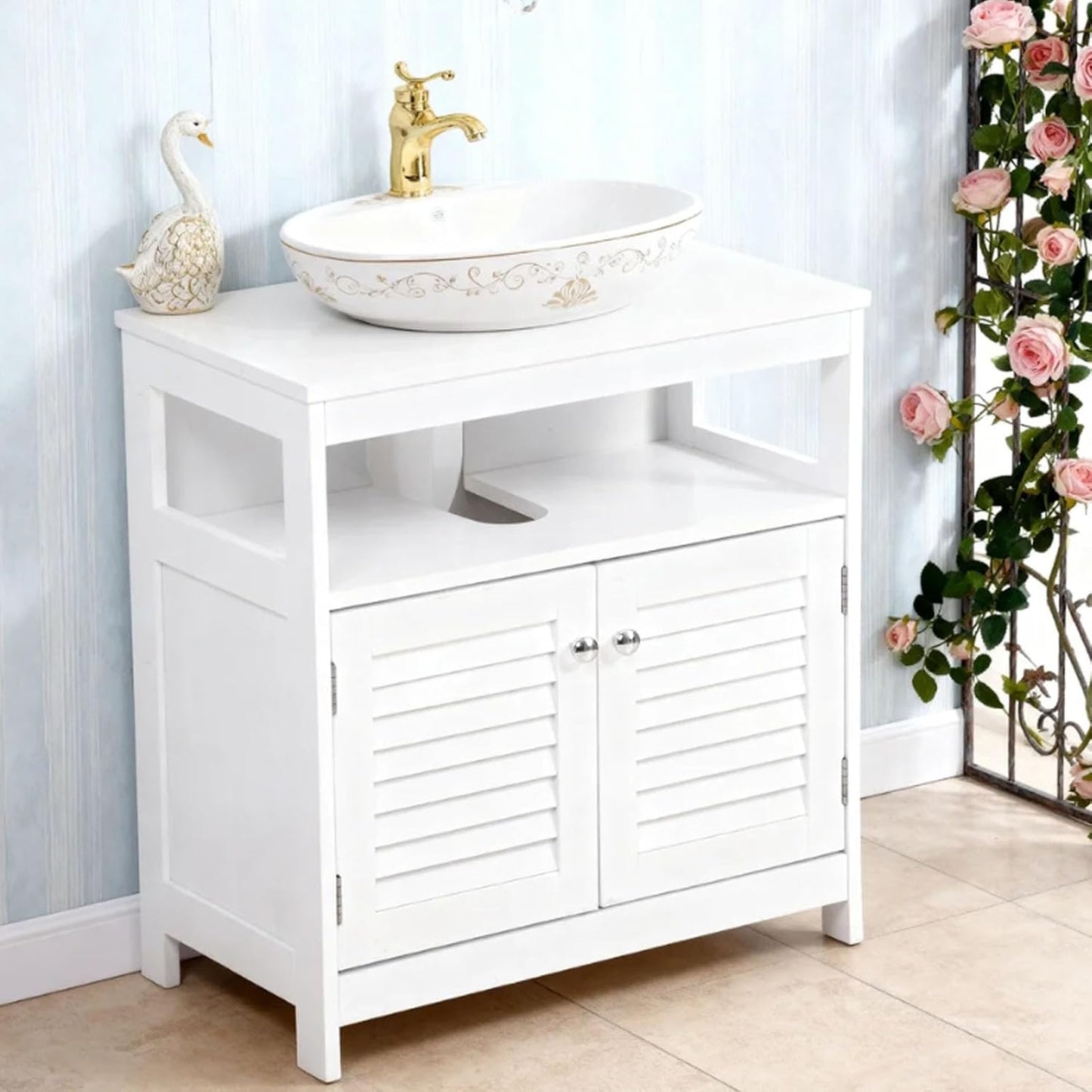 U-Shaped Under Sink Storage Cabinet with 2 Doors & Open Shelf, Freestanding Bathroom Vanity Organizer for Pedestal Sink, Water-Resistant MDF Cabinet for Toiletries & Cleaning Supplies, White