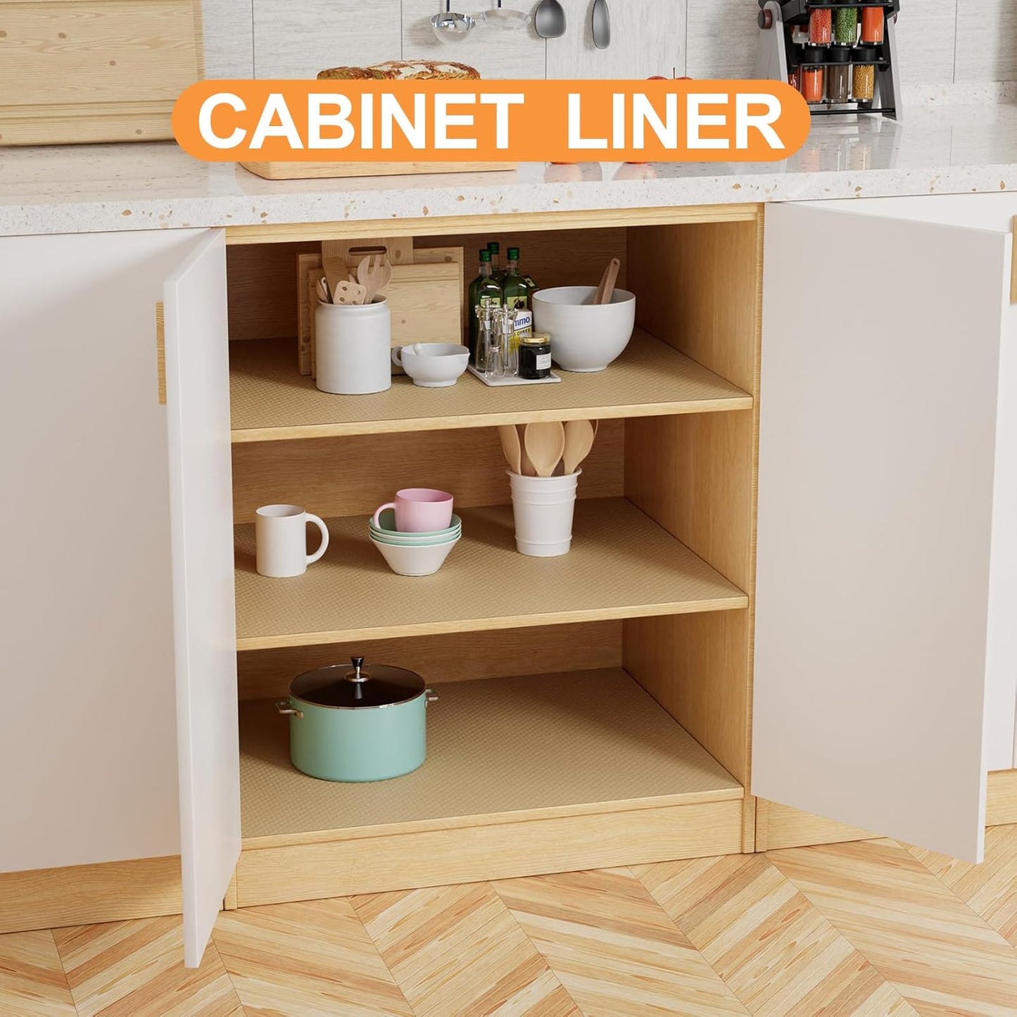 FLPMIX Shelf Liners for Kitchen Cabinets: Waterproof Non-Adhesive Drawer Liner - 12" x 120" Khaki Easy to Cut Cupboard Mat for Pantry Shelves