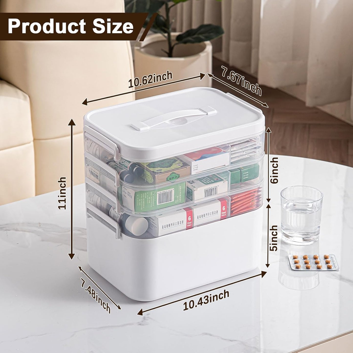 4-Tier Portable Medicine Cabinet Organizer, Large Medicine Storage Box with Handle, Plastic First Aid Box Empty, Multipurpose Medical Supply Organizer, Medication Storage with 3 Removable Tray