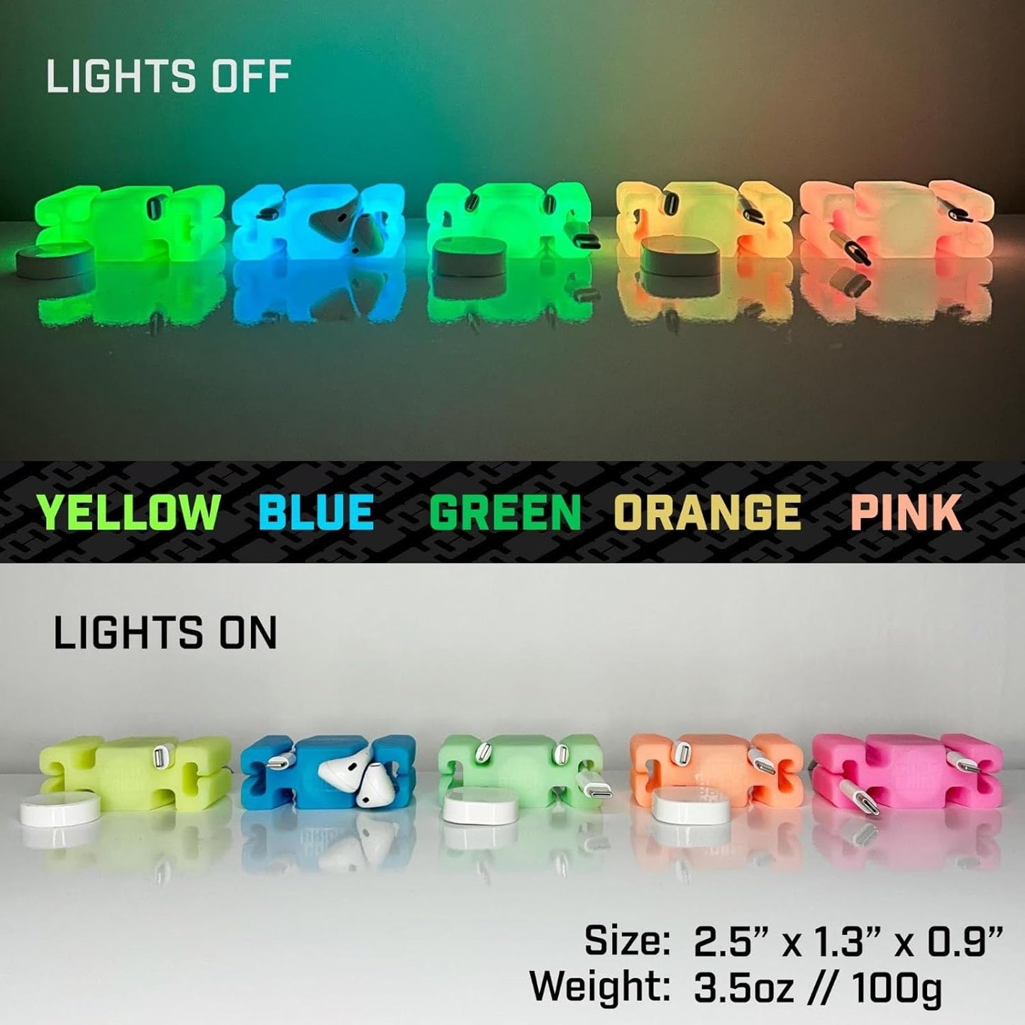 GlowBrick Stocking Stuffers for Adults Cord Management Weighted Cord Holder Cable Wrap Phone Stand - Glow-in-The-Dark Gadget Organizer for Nightstand. Gift for Men, Silicone. Glowing Pink