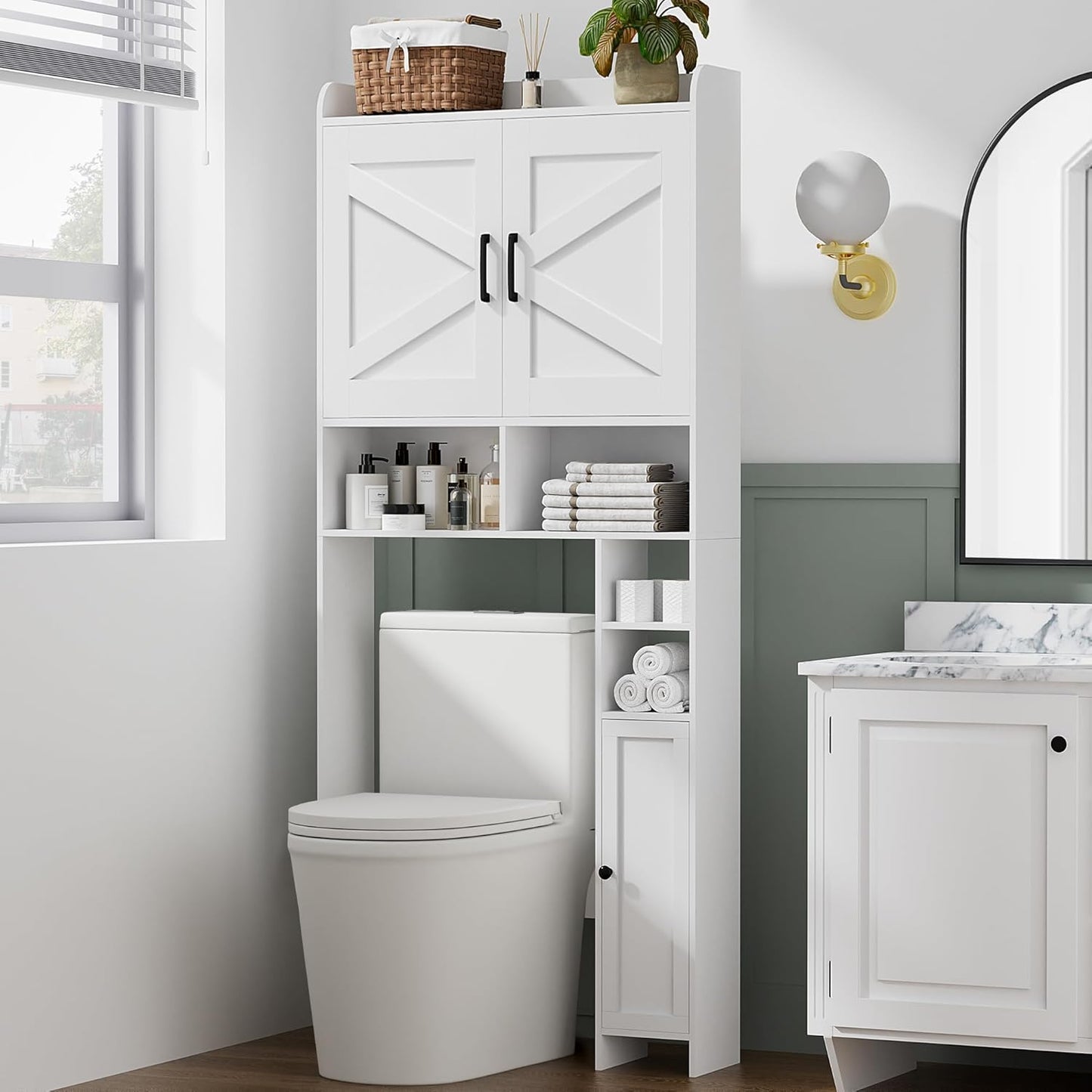 Homhedy Over The Toilet Storage Cabinet with 2 Barn Door and Toilet Paper Holder Stand, FreeStanding Toilet Shelf Space Saver, for Bathroom, Restroom, Laundry, White