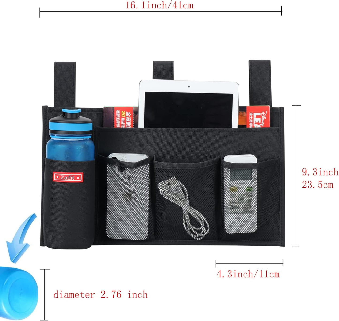 Hanging Bedside Caddy, Bedside Storage Organizer for Magazine, Phone, Remote control (5 Pockets-Black)