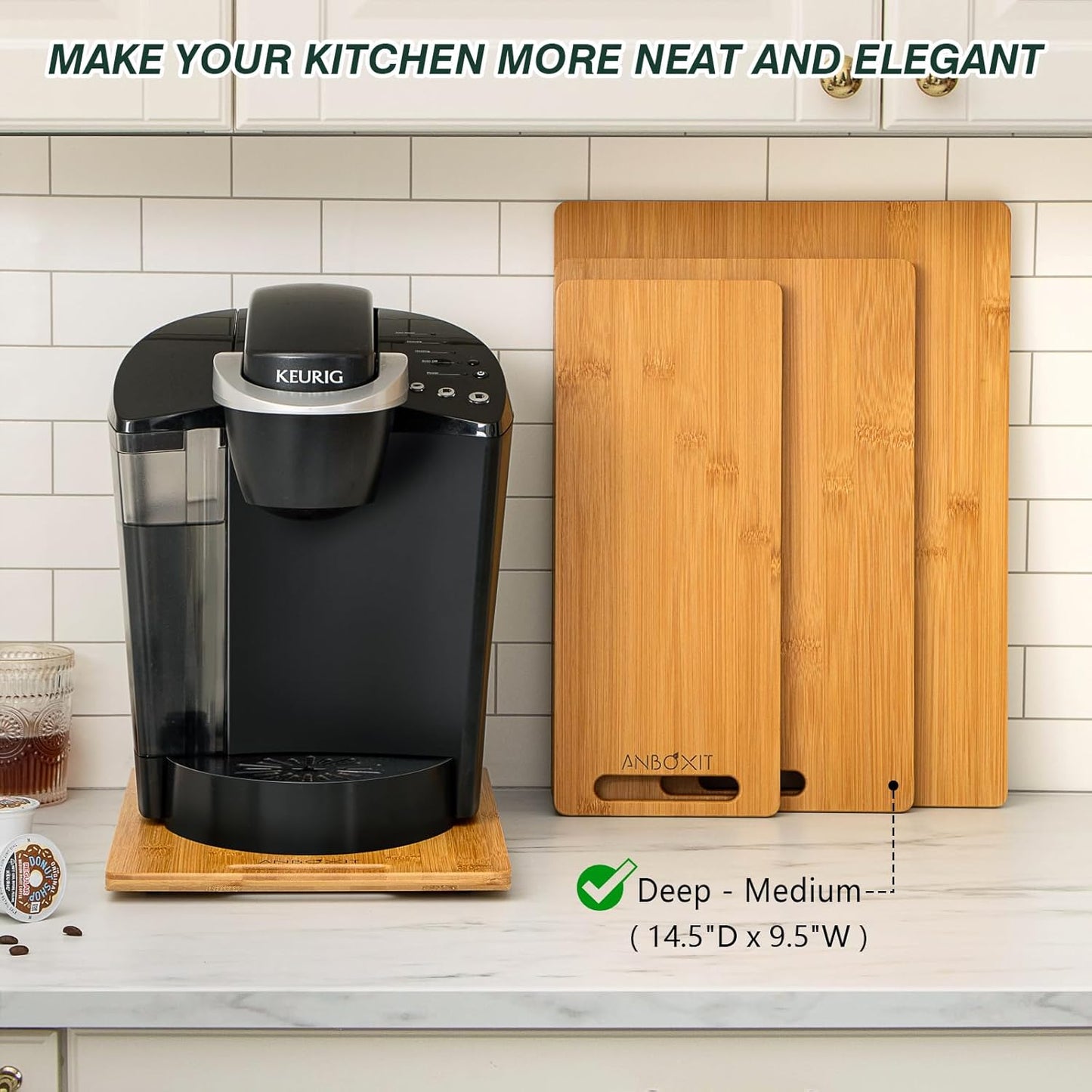 Bamboo Appliance Slider, Sliding Tray for Coffee Maker, Kitchen Countertop Appliance Rolling Tray, Coffee Pot Slider Tray with Rubber Wheels, Deep - Medium (14.5"D x 9.5"W)