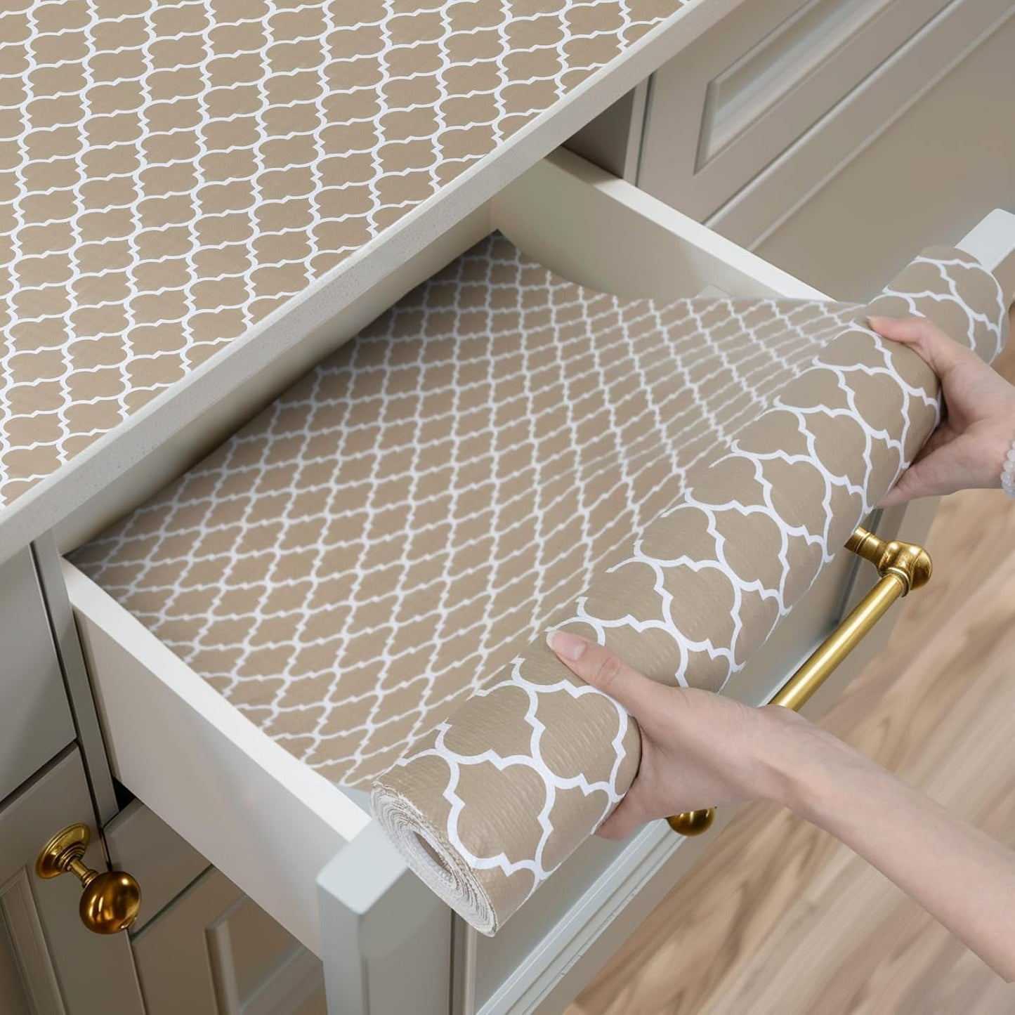 Shelf and Drawer Liner for Kitchen Cabinets Non-Adhesive, Strong Grip Non-Slip Thickened Cabinet Liners for Shelves, Waterproof Mats for Dresser Cupboard, Beige, 23 in x 30 Feet