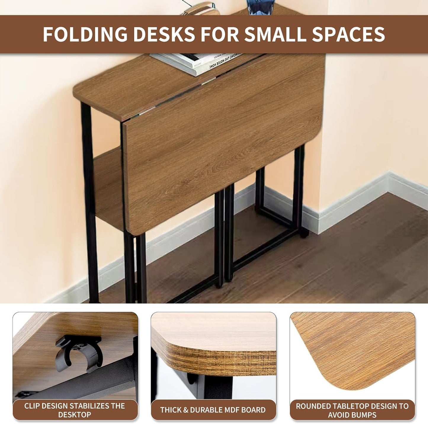 Mobile Foldable Desk w/ 6 Wheels,Portable Rolling Small Computer Desk w/Storage Shelves, Folding desks for Small Spaces, Computer Table for Home Office Bedroom Living Room-Brown