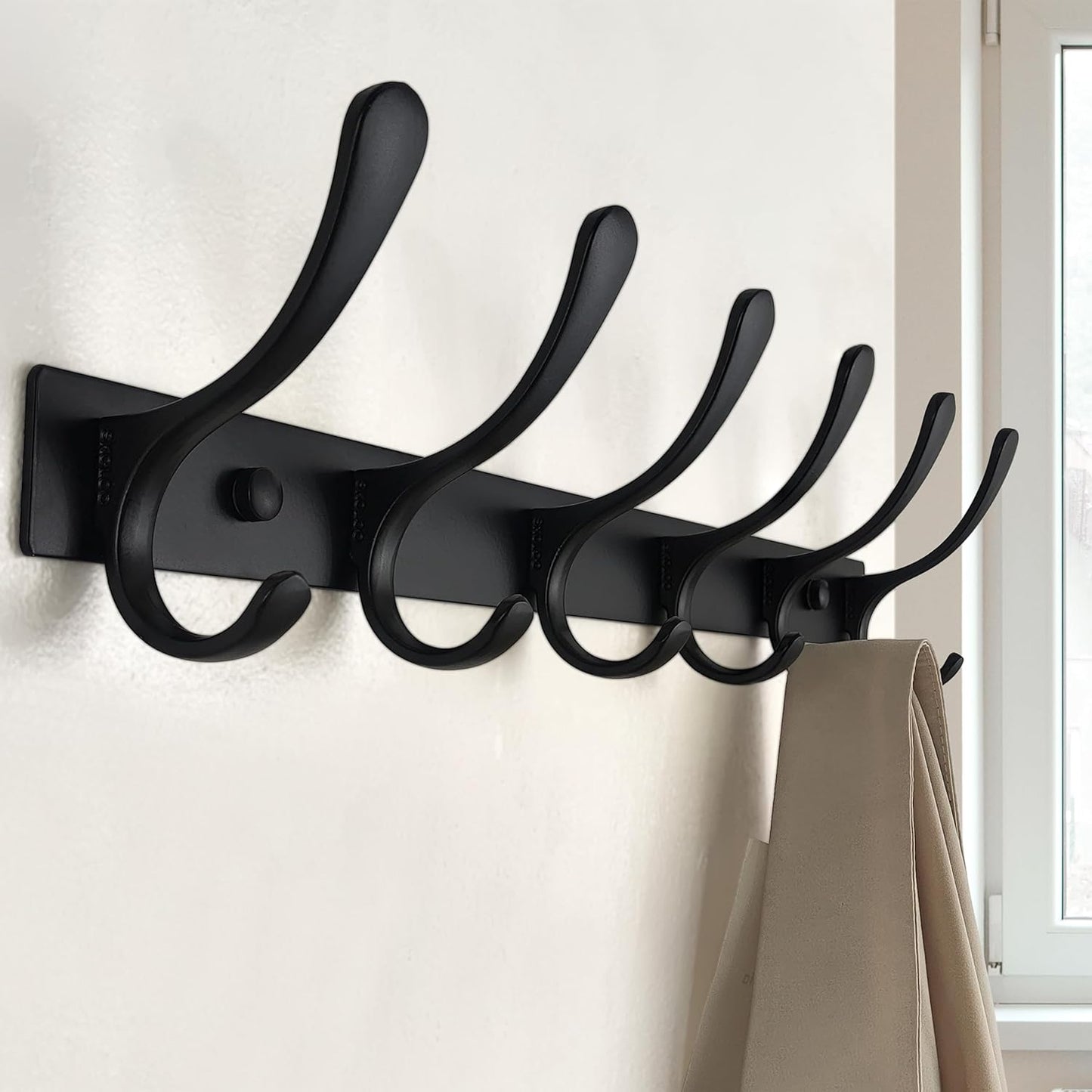 SKOLOO Heavy Duty Wall Mounted Coat Rack - 6 Hooks, Stainless Steel, Pack of 2, Sturdy Coat Hooks for Hanging Clothes, Jacket, Hat, Black