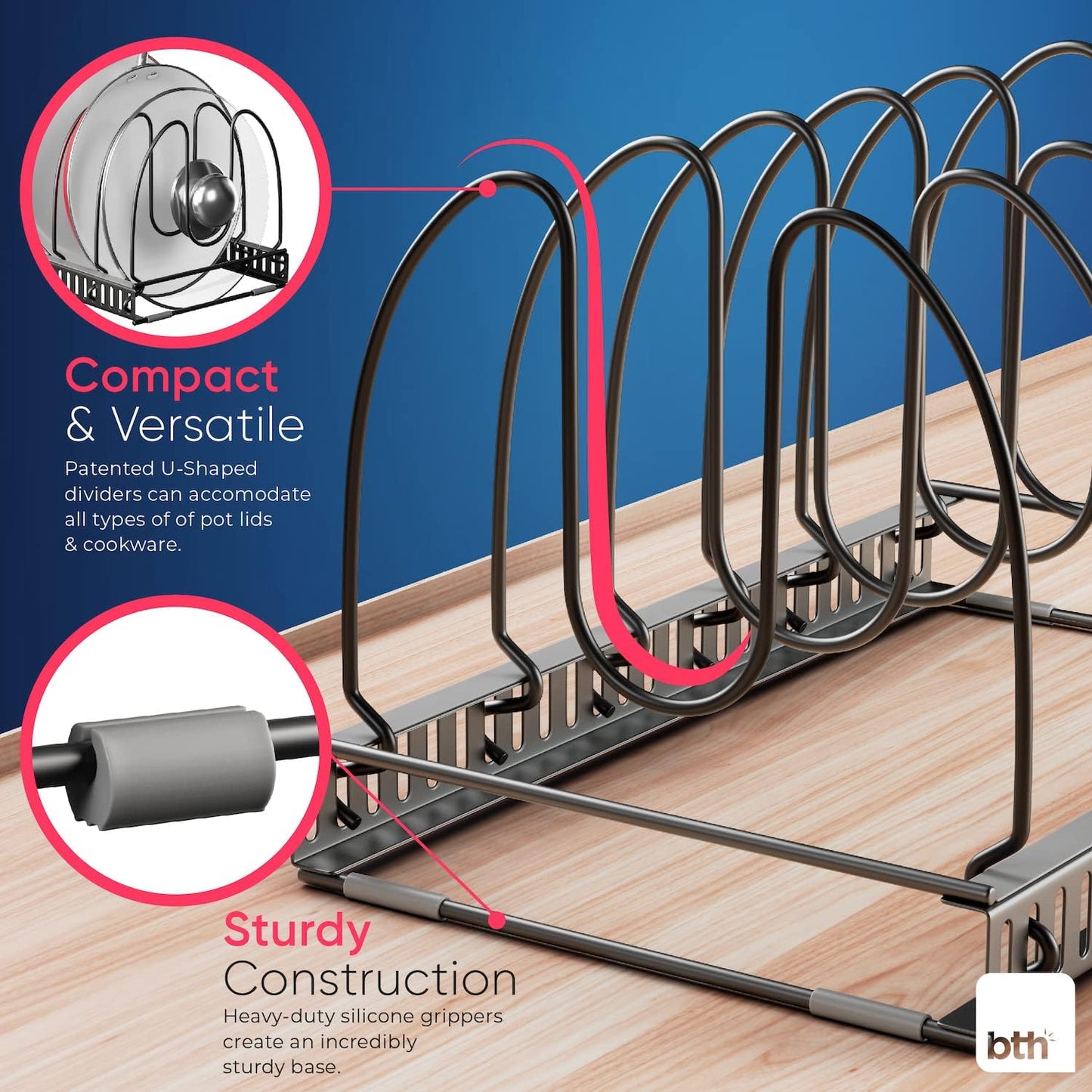 Better Things Home 6+ Compact Pan & Pot Lid Organizer Rack for Cabinet, Single Rack with 6 Adjustable Dividers for Kitchen Cabinet or Pantry (Dark Grey, SINGLE RACK)