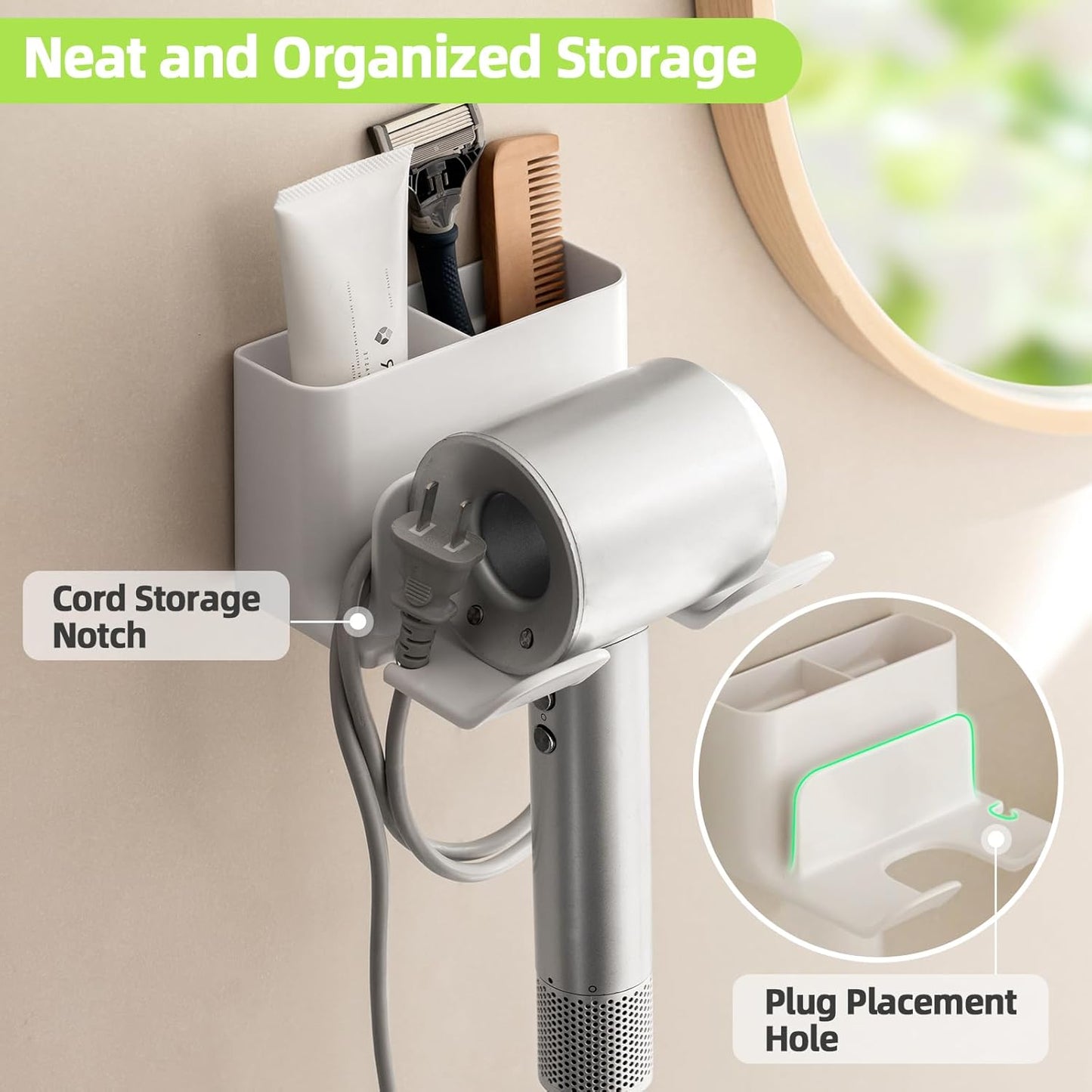 Dyson Hair Dryer Holder - Universal Wall Mount Blow Dryer Holder with Strong Self Adhesive, Plug&Cord Organizer Rack for Bathroom, Vanity, Cabinet, White