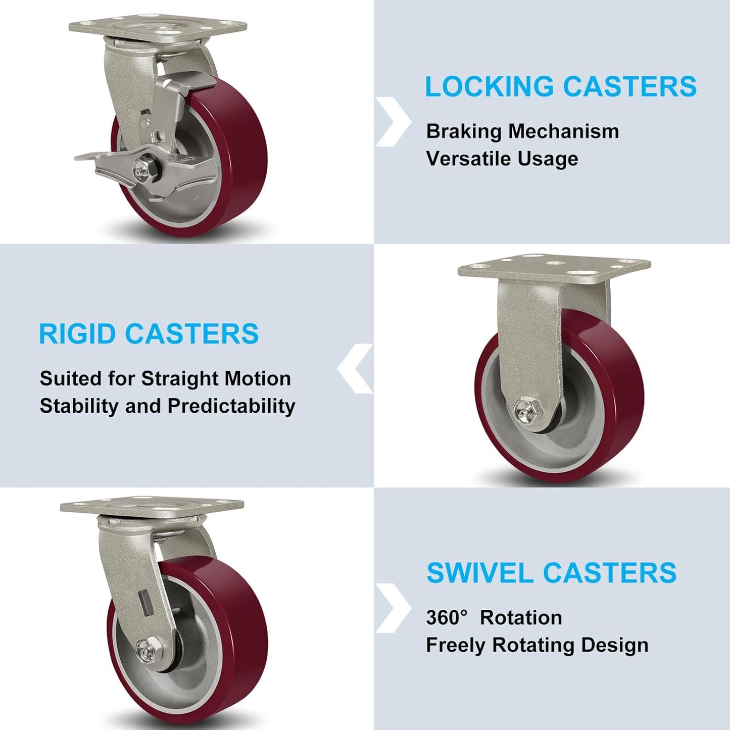 SY America 5" X 2" Casters Wheels,Heavy Duty Casters Set of 4，Polyurethane on Aluminum Wheels,2 Rigid 2 Swivel w/Top Lock Brake Casters,4400 LBS Load Capacity