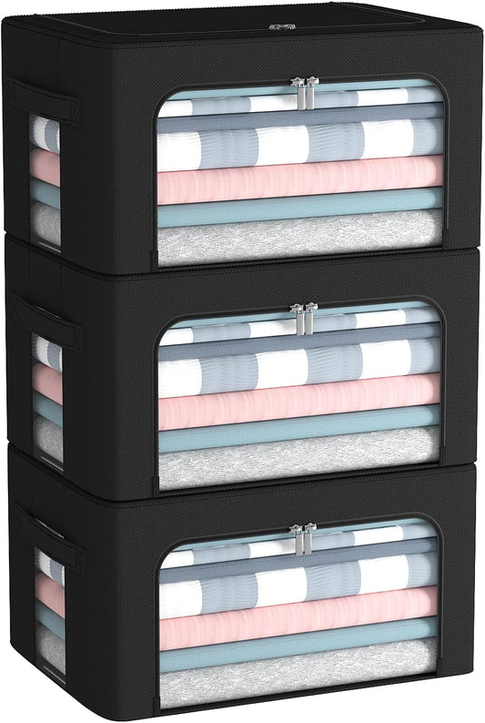 CYhom 3Pack Frame Storage Box - Clothes Storage Bin Bags Oxford Fabric Foldable Stackable Container Organizer Set with Clear Window & Carry Handles (Black, Small-22L)