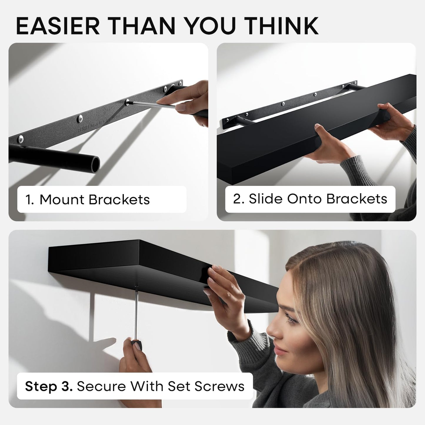 Homeforia Floating Shelf Black 12 inch, High End Solid Real Wood Small 12inch Floating Shelves for Wall Mounted, Black Wooden 12 in Floating Shelves, Heavy Duty Bracket, 12 X 6.5 X 1.75 inch, Set of 3