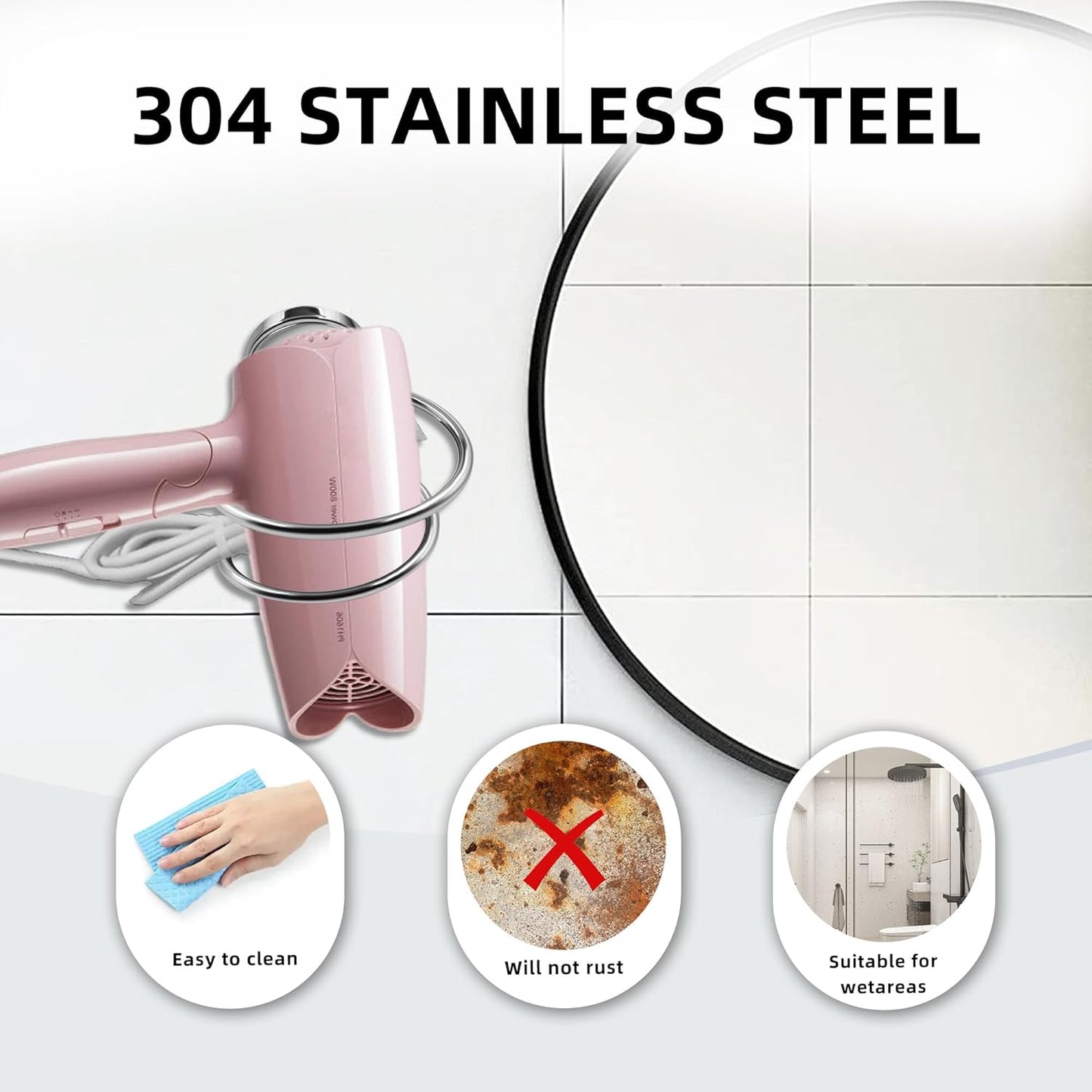 Bathroom Hair Dryer Holder Hair Care Tools Holder Wall Mount Chrome Finished Stainless Steel