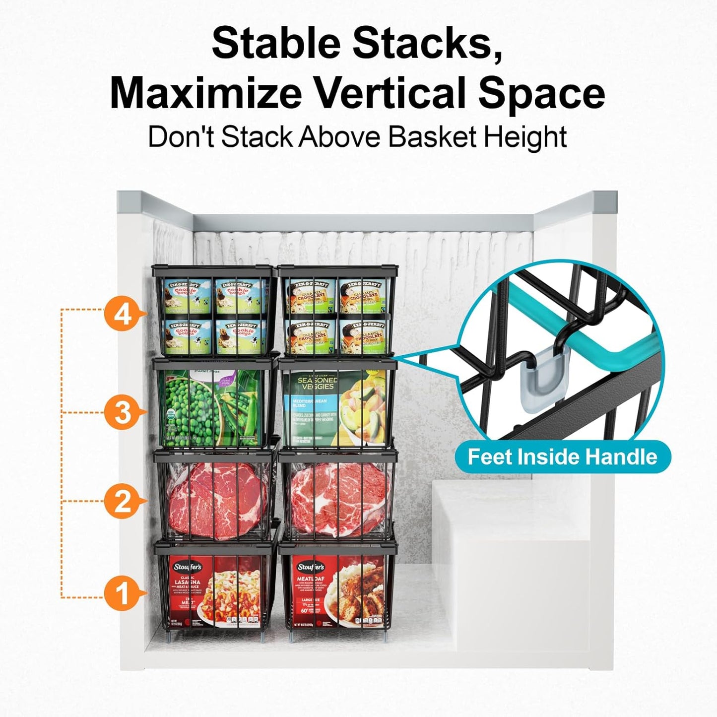 iSPECLE Chest Freezer Basket - 3 Pack Small Stackable Freezer Bins for Most 7 Cu.FT Deep Freezer Sort Frozen Food, Deep Freezer Organizer Bins with Handles Easy to Get Food from Bottom, Black