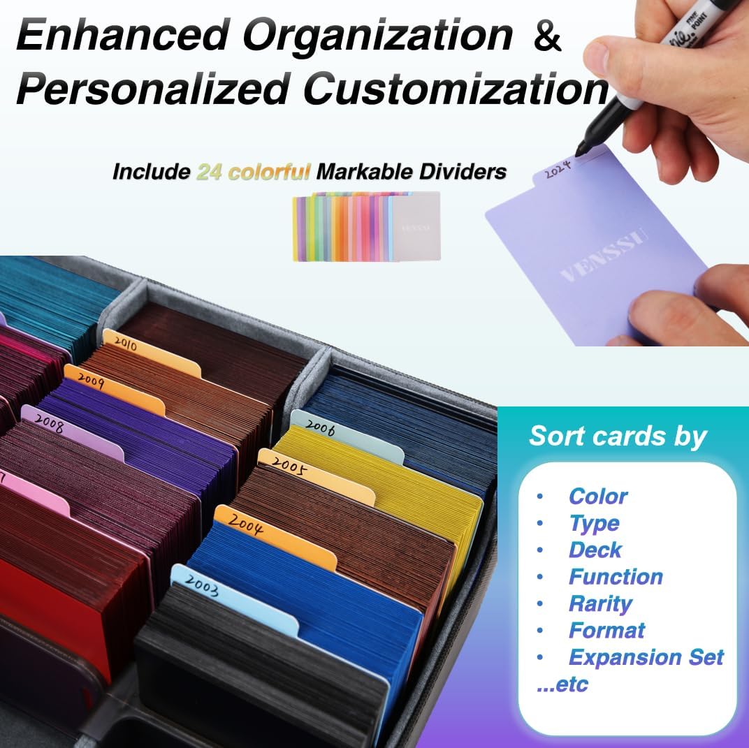 Venssu Card Storage Box For Trading Cards With Dedicated Card Supporters,3000+ Mtg Deck Box With 24 Colorful Divider Tabs,Trading Card Storage Fits For Magic Game Cards (Black and Grey)