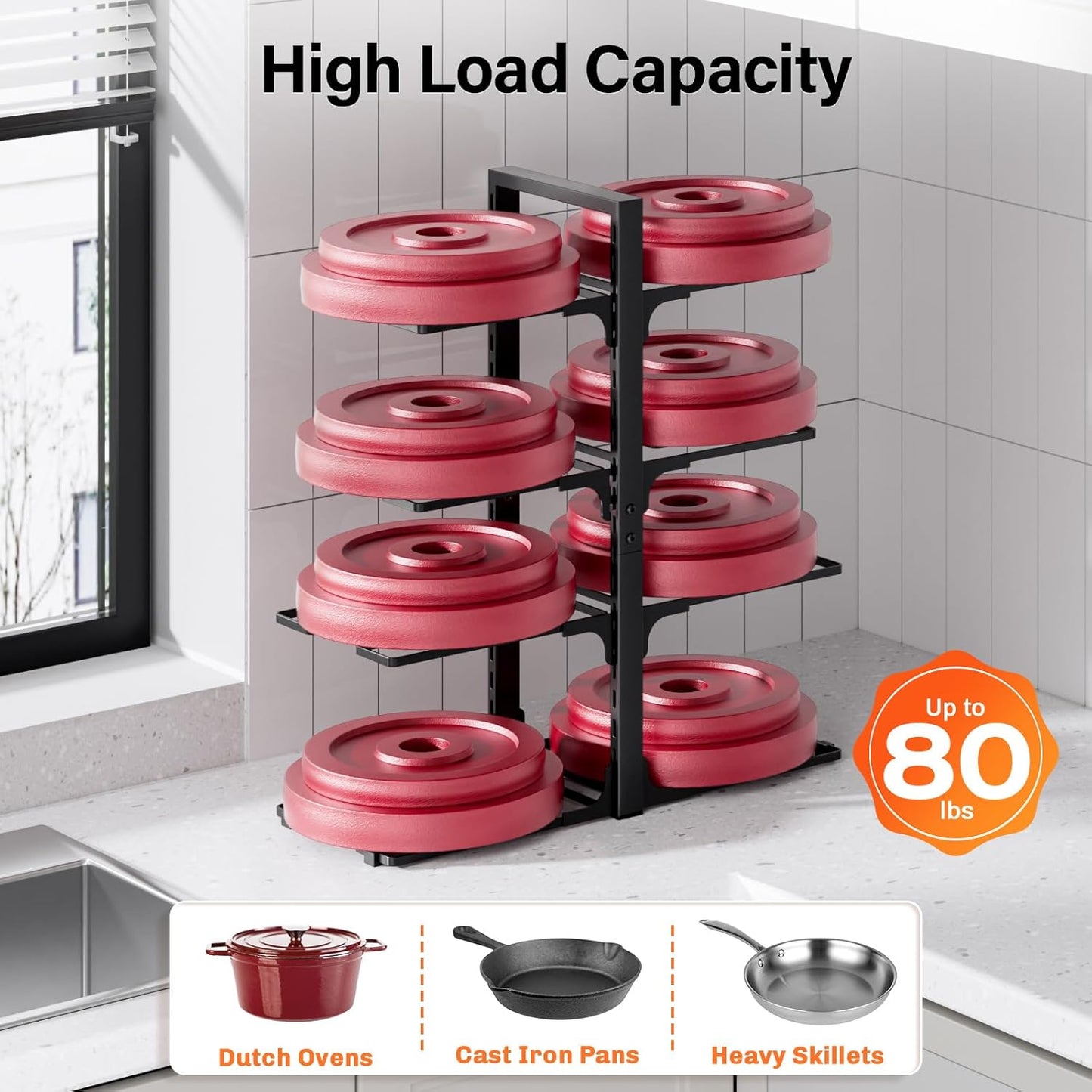 MUDEELA Pots and Pans Organizer under Cabinet 20.8" Height, Heavy Duty Adjustable Pot Pan Organizers inside Cabinet, 8-Tier Kitchen Cabinet Organizers and Storage for Big Stockpots, Heavy Cookware