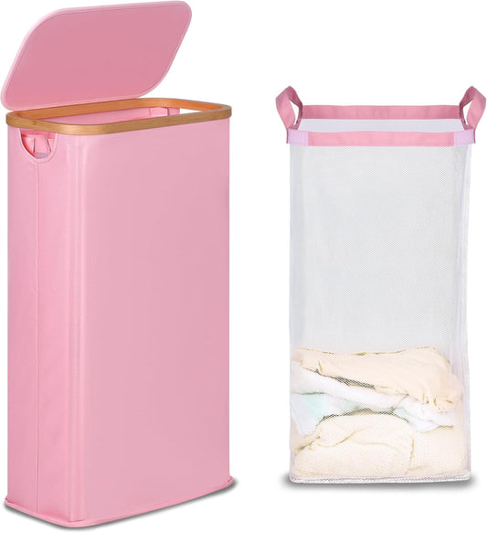 efluky Slim Laundry Basket with Lid, Narrow Laundry Hamper with Removable Bag, Skinny Dirty Clothes Basket with Bamboo Handles for Bathroom, Bedroom & Laundry Room, 63L Pink