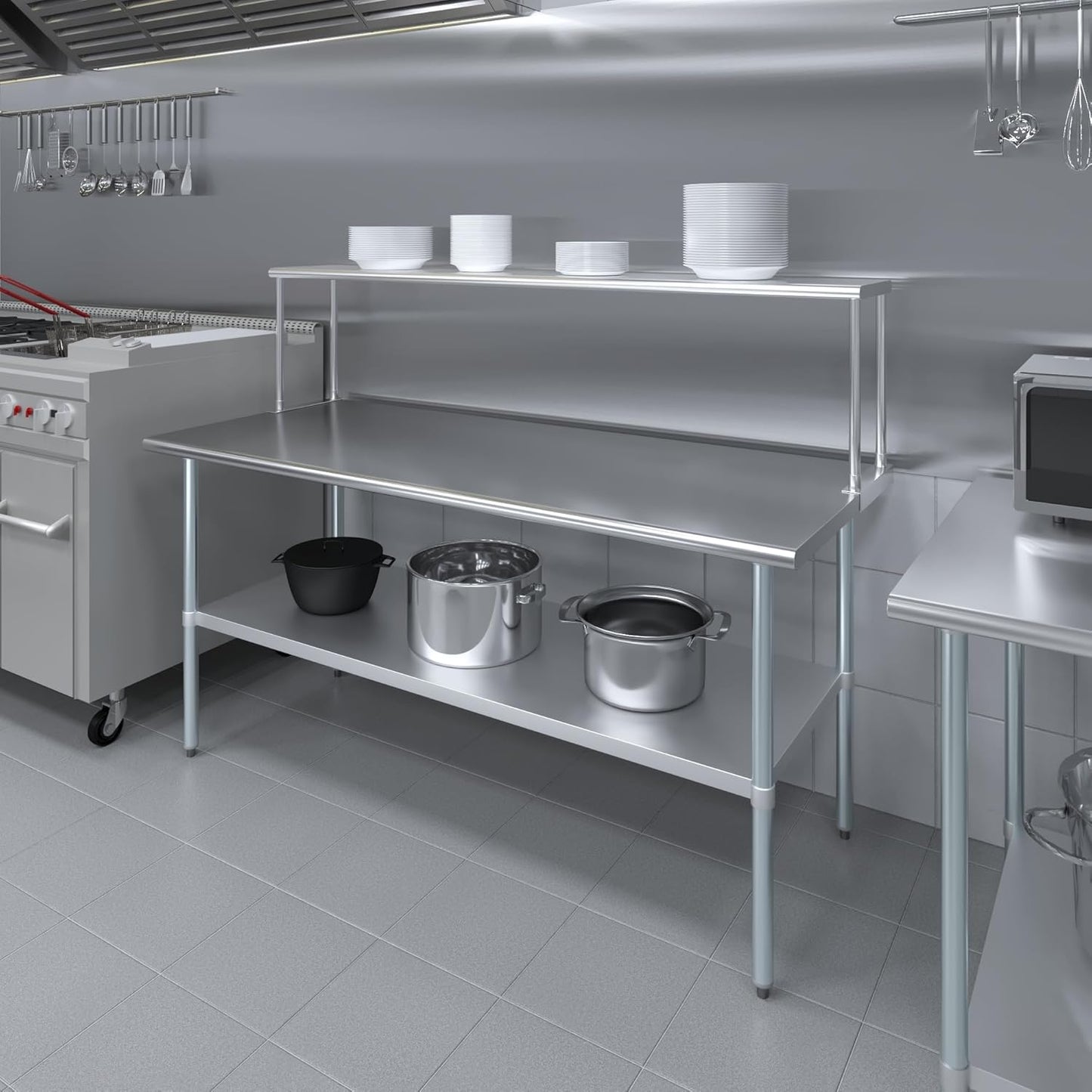 Stainless Steel Work Table with Wide Single Tier Overshelf | Metal Kitchen Prep Table & Shelving Combo (30" x 72" Work Table + 12" Overshelf)