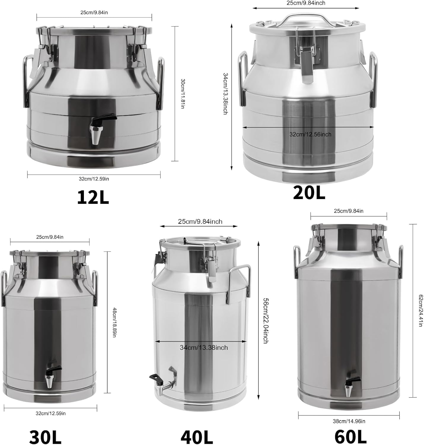12~60L Heavy-duty 201 Stainless Steel Milk Can with Drip-free Spigot, Water Beverage Drink Dispenser Milk Pail Bucket for Milk Wine Oil (40L)