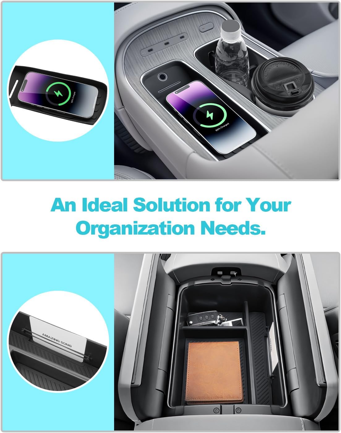 CDEFG 3Pcs for 2026 Hyundai Palisade Center Console Organizer for 2026 Hyundai Palisade Accessories Middle Console Storage Box & Wireless Charging Mat & Cup Holder Cover(Only for Split Armrest)