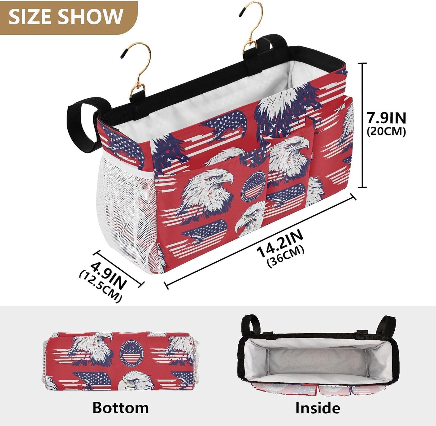 American Flag Bald Eagle Red Bedside Caddy for Dorm Bed Bedside Hanging Caddy Bag Iron Frame Storage Organizer Pocket for Bunk Home College Hospital Beds 2 Hooks