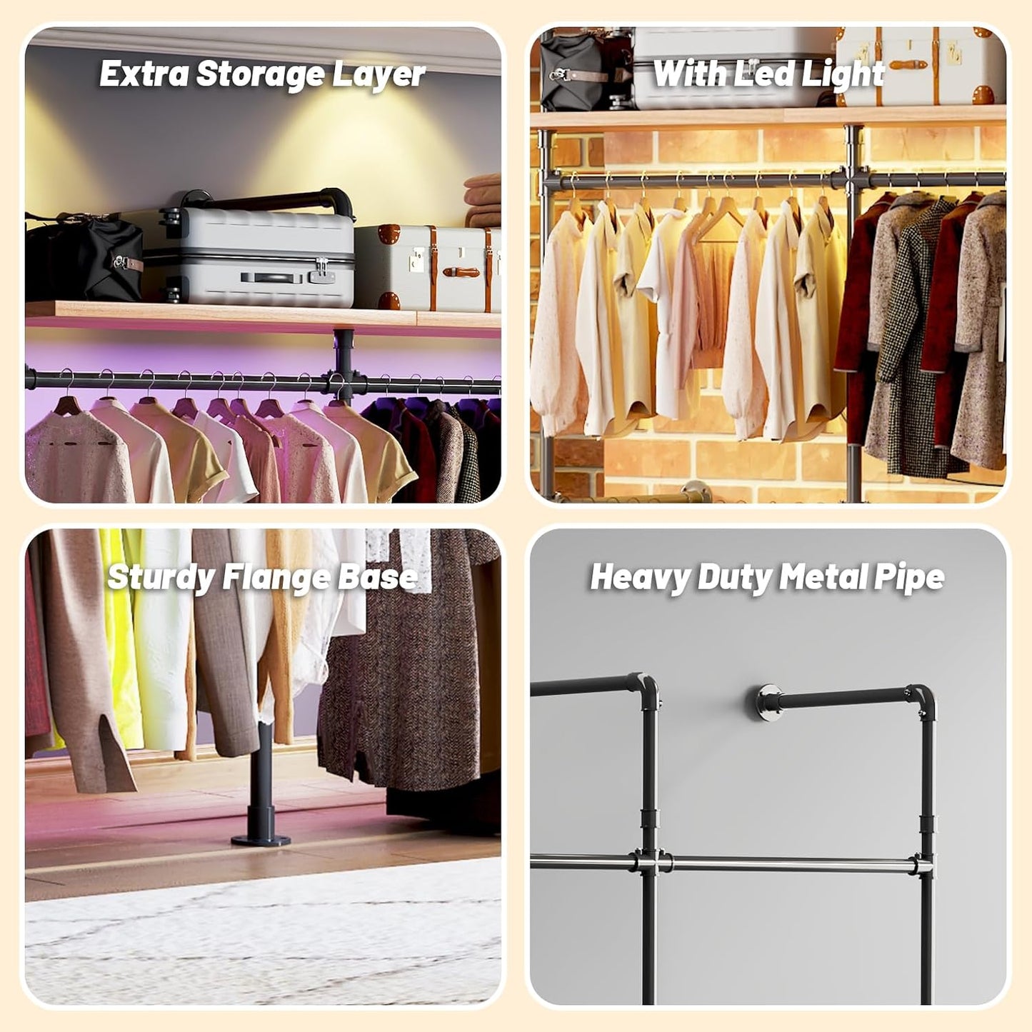 Industrial Pipe Clothing Rack, Reversible 79.7” Clothes Rack for Hanging Clothes with LED Lights, Black Wall Clothing Rack Wall Mounted Rack for Walk-in Closet, Laundry Room or Retail Display