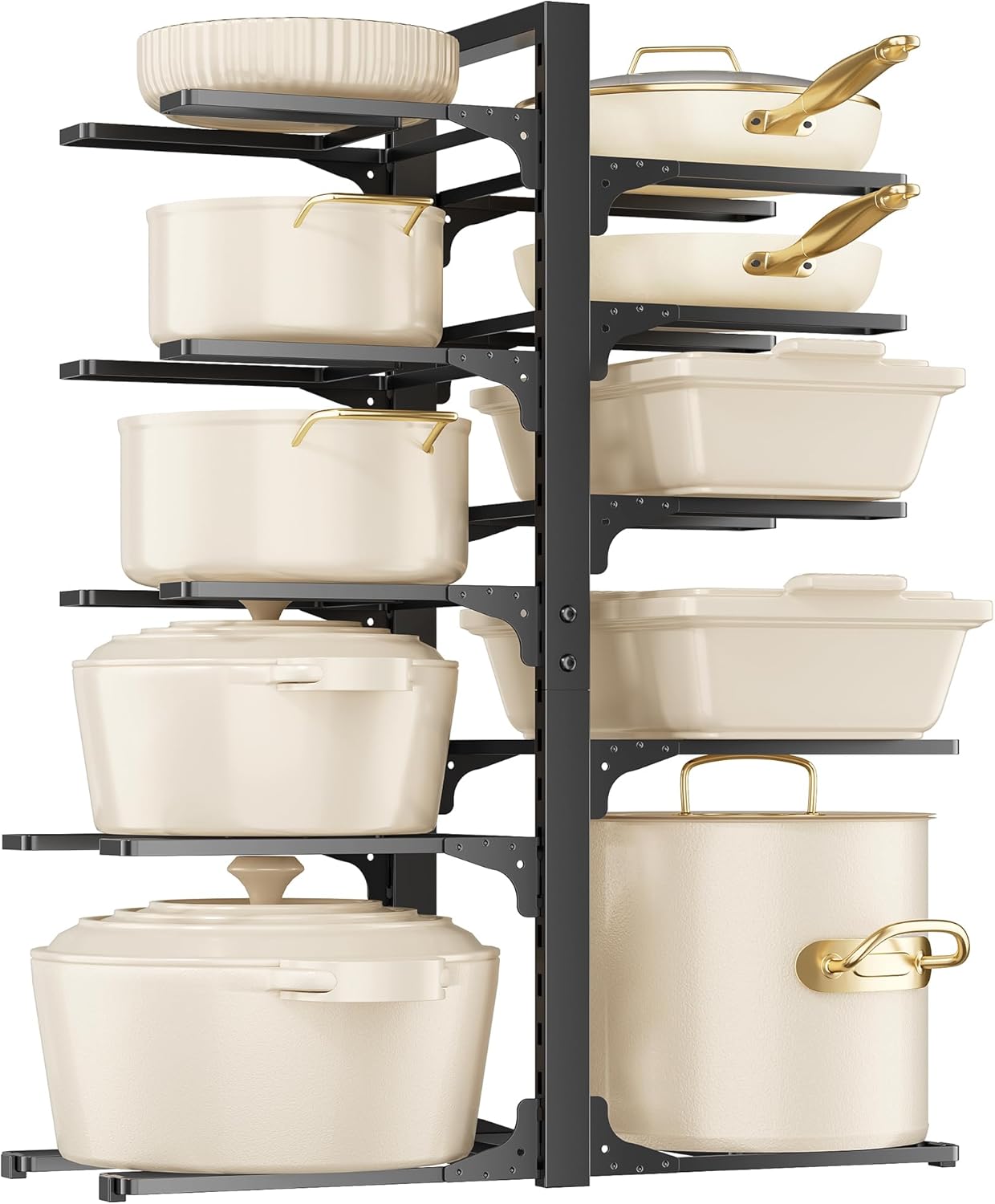 MUDEELA 10-Tier Pots and Pans Organizer under Cabinet, 23.62" Height Heavy Duty Pot and Pan Organizer Kitchen Cabinet Organization and Storage, Adjustable Pot Rack for Frying Pan, Cast Iron Skillet
