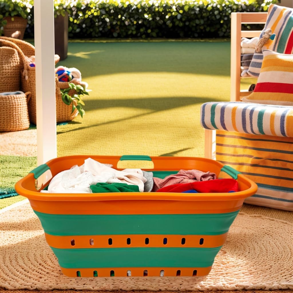 SAMMART 42L (11 gallon) Collapsible Plastic Laundry Basket - Foldable Pop Up Storage Container/Organizer - Space Saving Hamper/Basket (1, Autumn Leaf/Forest Green)