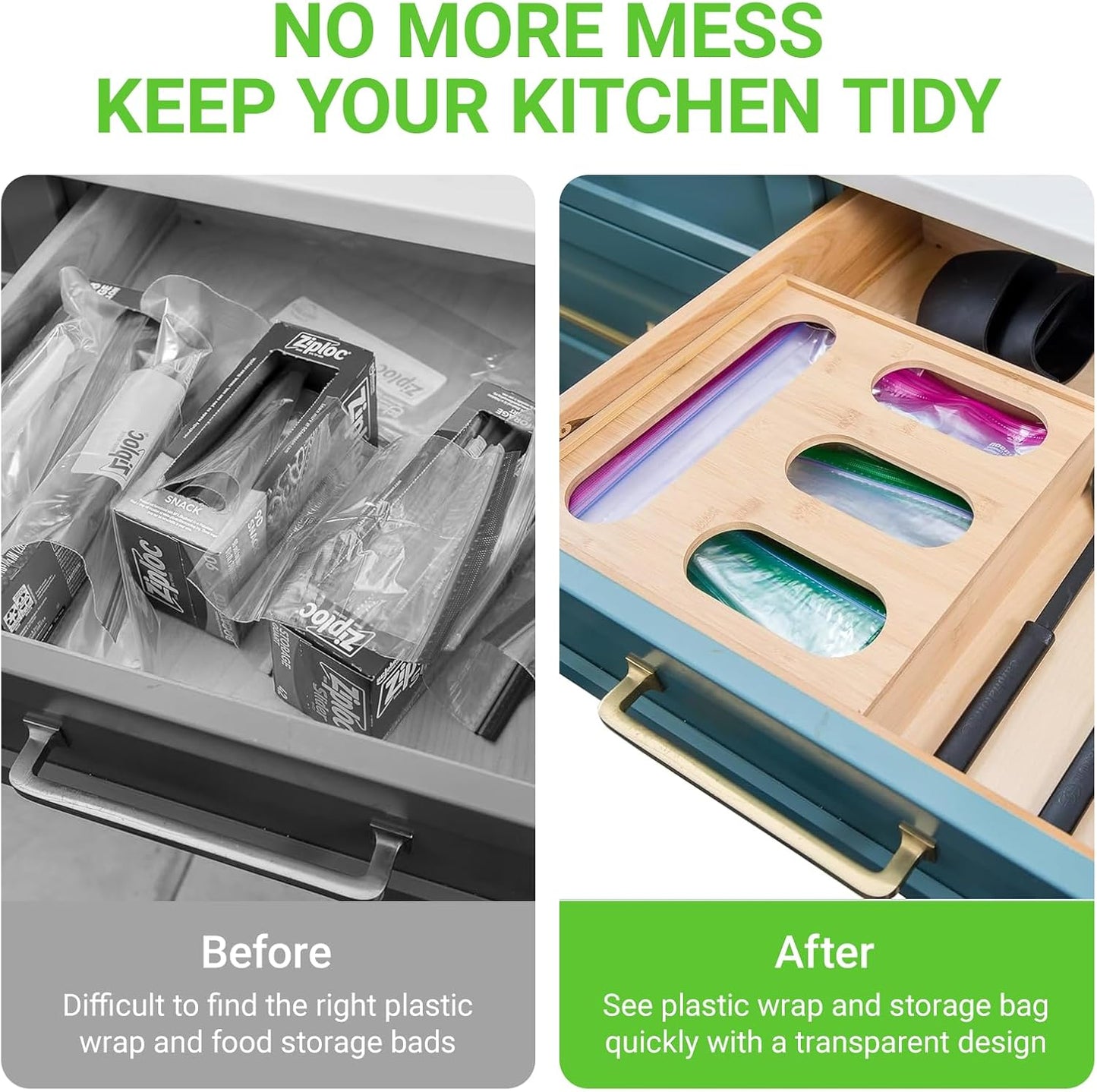 Baggie Organizer for Drawer, Wooden 4 Slot Zip Lock Storage Bag Organizer Holder - Wall Mounted Kitchen Food Baggie Dispenser Compatible with Sandwich Snack Gallon Quart Tea Slider Bags