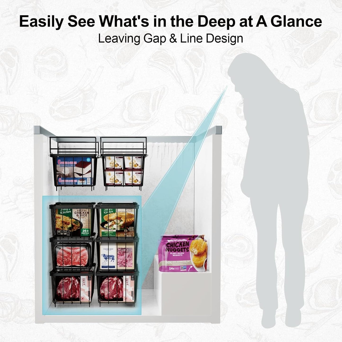 iSPECLE Chest Freezer Organizer Bins 8 Pack - Fit 7 Cu.Ft Deep Freezer, 2 Adjustable Hanging Baskets and 6 Pack Stackable Freezer Bins, Deep Freezer Organizer Bins Sort Frozen Food, Black