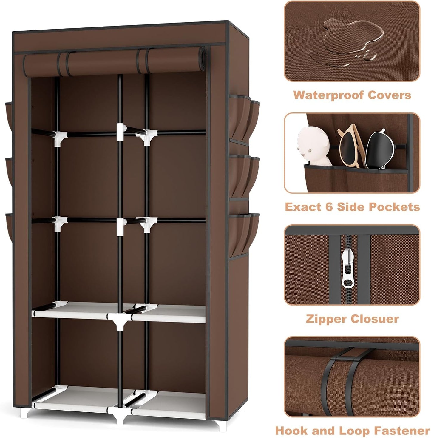 VTRIN Portable Closet Wardrobe for Hanging Clothes with 4 Storage Shelves, 2 Hanging Rods and 6 Pockets, Stable and Easy Assembly Clothes Rack with Cover Free Standing Closet, Brown