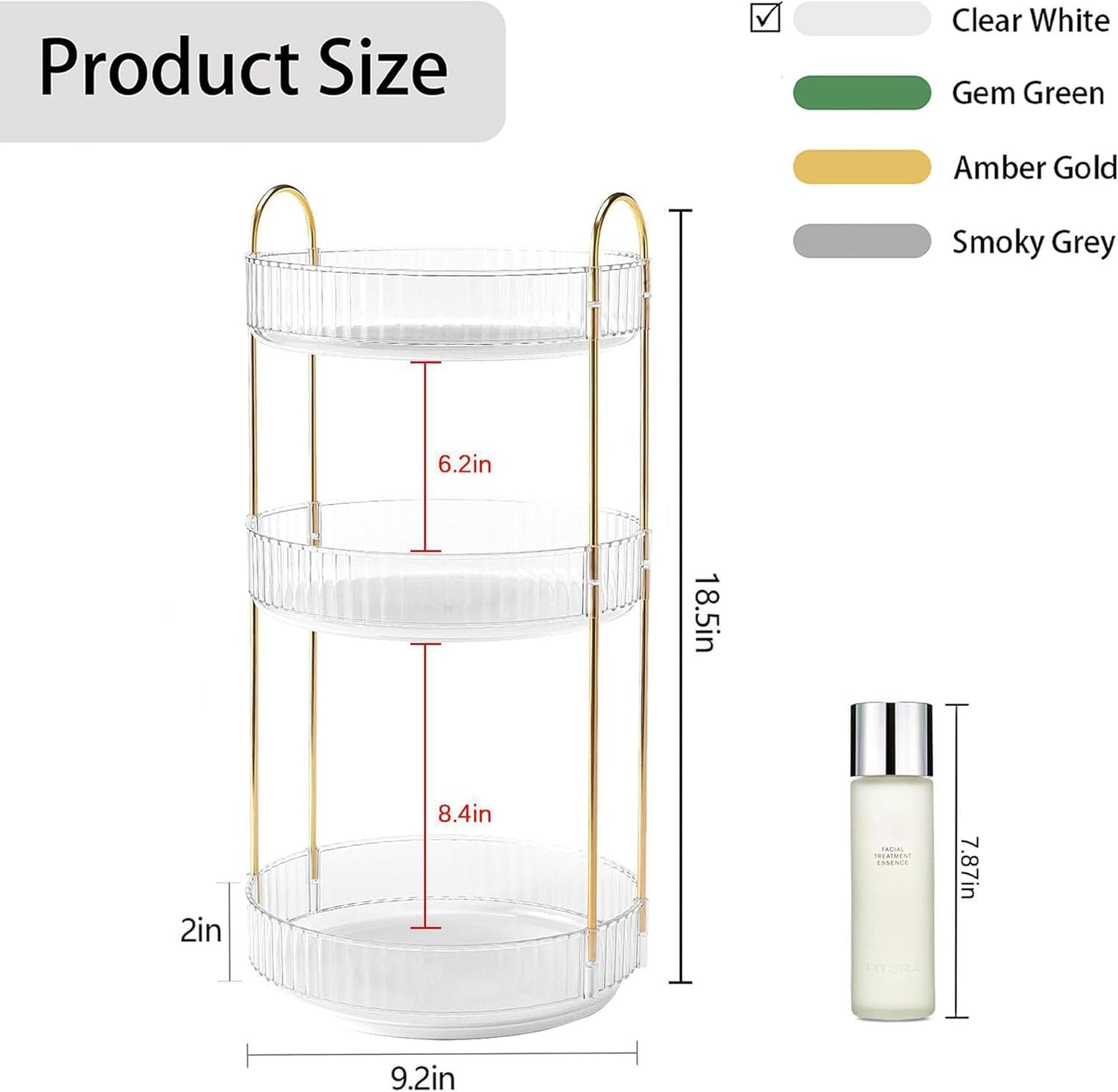 YCIA&DONE 360 Rotating Makeup Organizer and Storage for Vanity Countertop 3 Tiers, High Capacity Cosmetic Skincare Perfume Organizers for Dresser Bathroom Lazy Susan (Clear White)