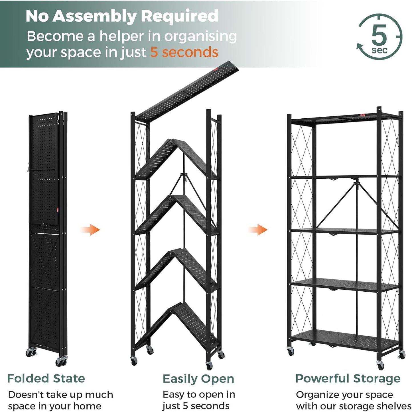DEANIC 5 Tier Foldable Storage Shelves with Wheels, Large Capacity Shelving Unit, Freestanding Metal Wire Shelf Rack, No Assembly Organizer Rack for Garage Kitchen, Basement, Pantry(Black Pack of 2)