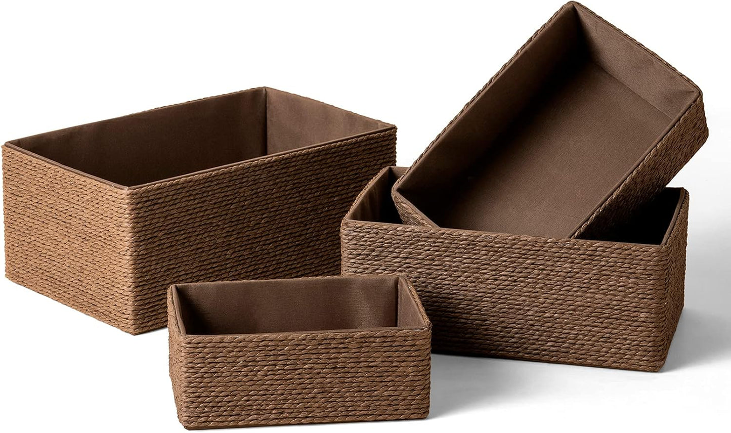 Paper Rope Woven Storage Basket Set of 4 with Fabric Liner, Stackable Multipurpose Organizer Bin, Brown