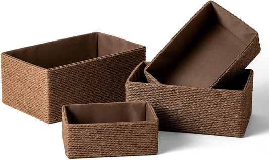 Paper Rope Woven Storage Basket Set of 4 with Fabric Liner, Stackable Multipurpose Organizer Bin, Brown