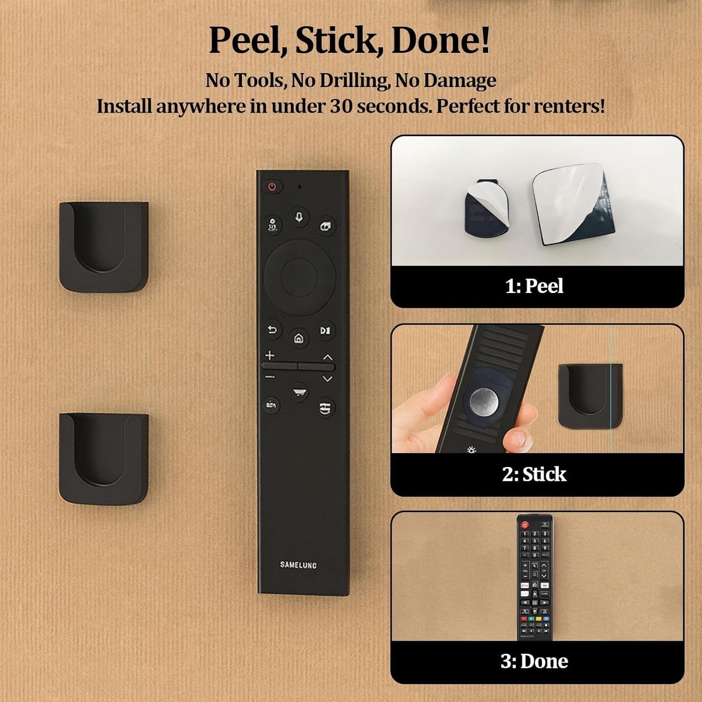 Magnetic Remote Control Holder Wall-Mounted Remote Holder Adhesive Strips Easy Installation for TV, Fan, and AC Remotes to Organize Home & Office (4 Pack)