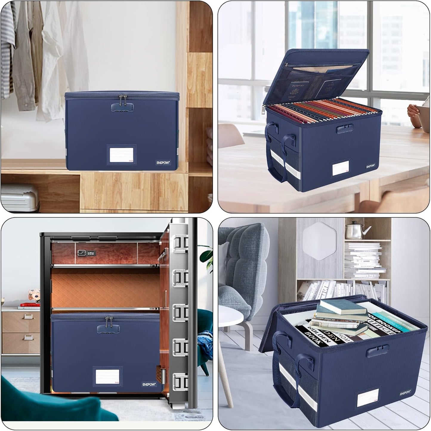 ENGPOW File Box with Lock, Fireproof Document Box with Zipper＆Pockets, Collapsible File Organizer Filing Storage Cabinet with Handle, Portable Home Office Safe for Hanging Letter/Legal Folder, Blue