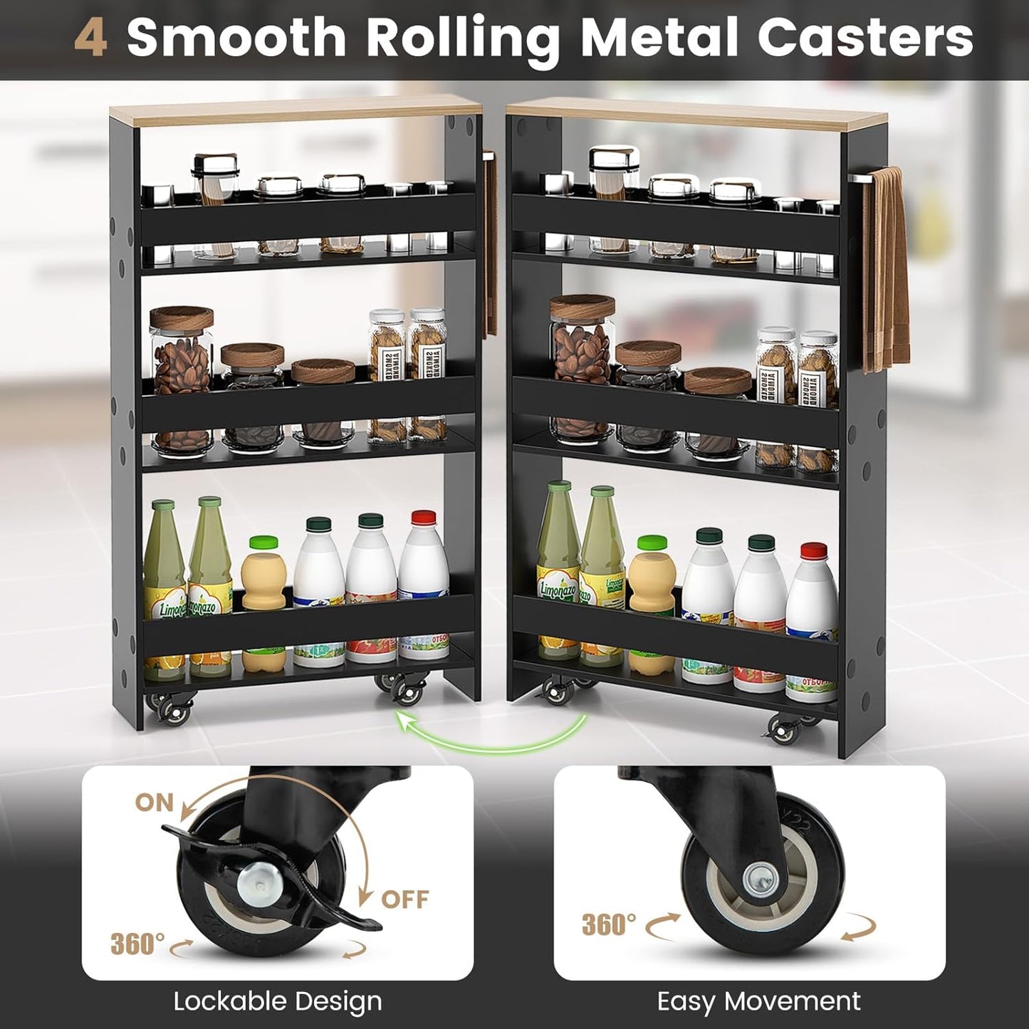 MAT EXPERT Slim Rolling Storage Cart, 4-Tier Freestanding Slim Storage Cart with Wheels 360 Degree & Metal Handle, Wooden Utility Cart for Narrow Kitchen, Laundry Room, Bathroom (Black + Natural)