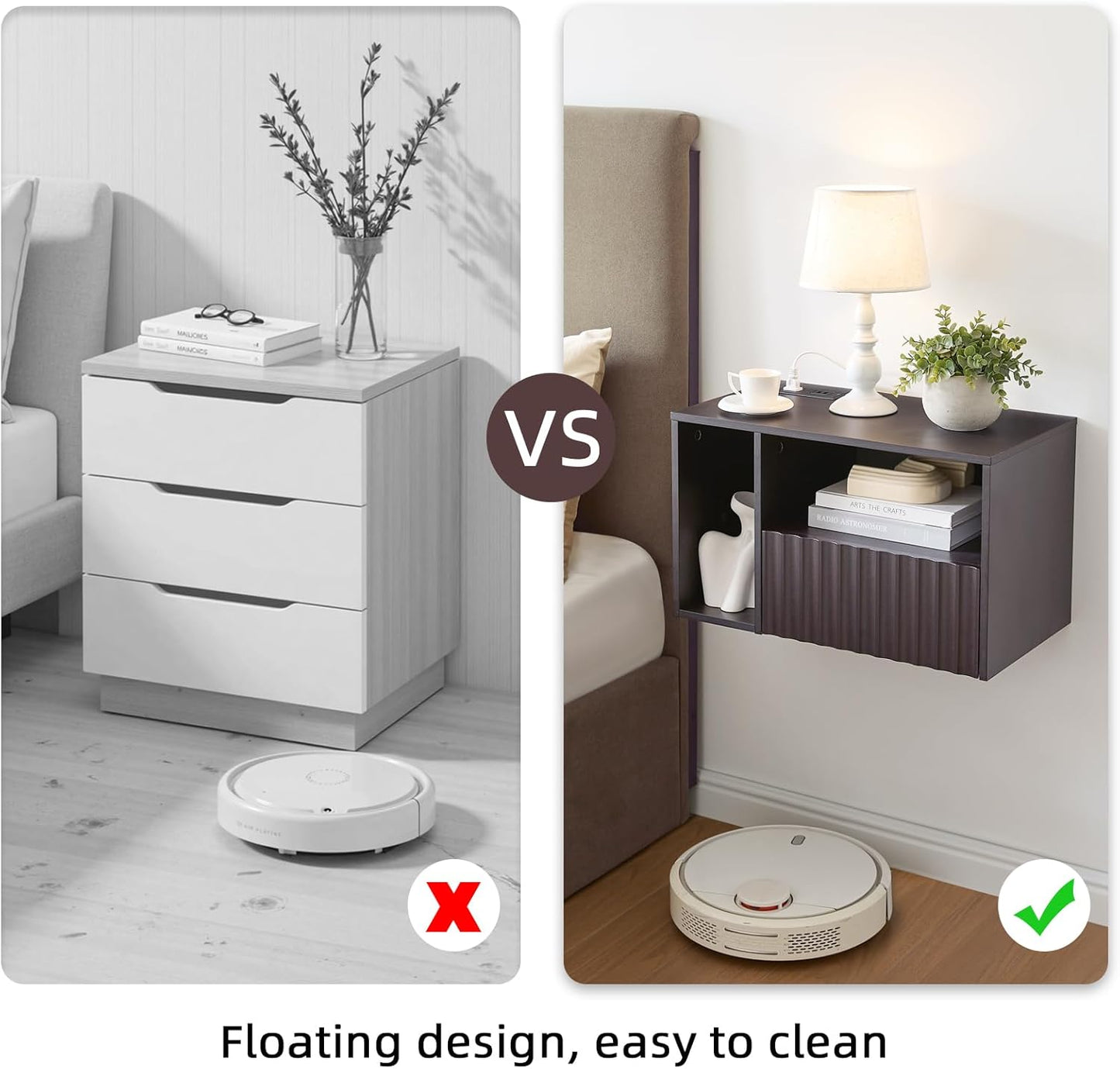 Modern Espresso Fluted Floating Nightstand with Charging Station, NightStand with Drawers, Bedside with USB Ports and Outlets, Bedroom Furniture (Left)