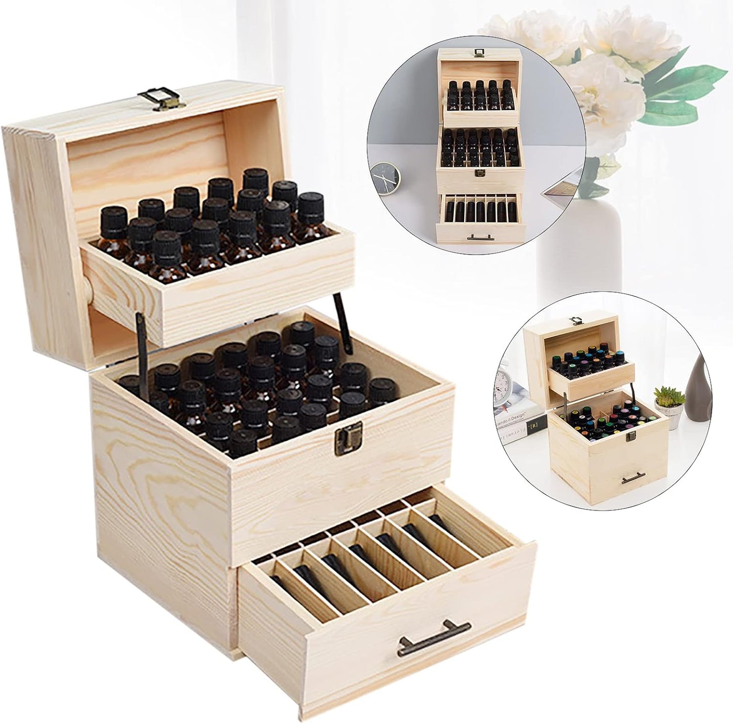 3 Tiers Essential Oil Storage Box, Wooden Perfume Bottle Display Organizer Case w/59 Slots, for 15 ml Bottles Nail Polish Collection Holder