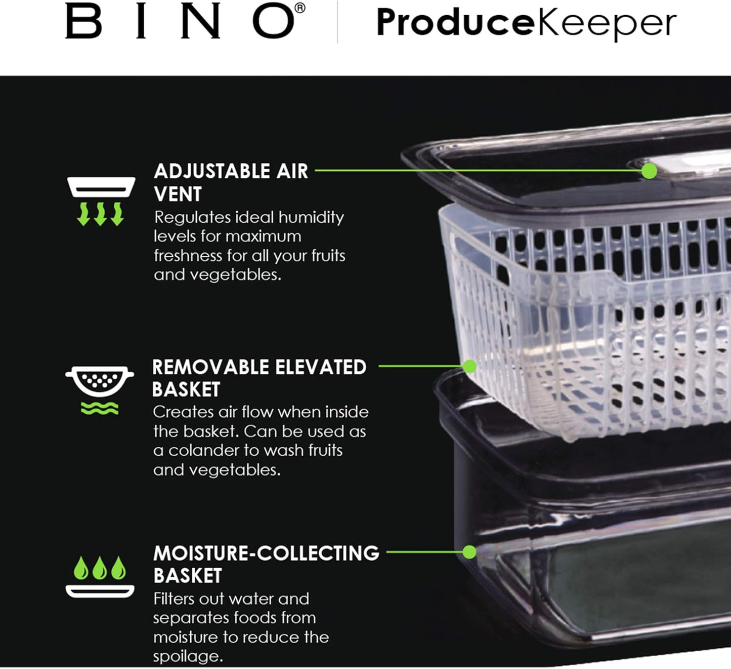 BINO | Produce Saver - 6.8 Cup/1.6L | Fridge Storage Containers for Fruits and Vegetables | Adjustable Air Vent, Removable Basket | BPA-Free Fridge Organizers