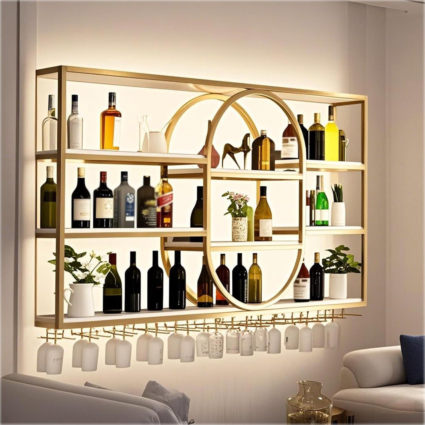 Large Wall Mount Wine Rack, Metal 4 Tier Large Capacity Hanging Bar Rack with Wine Glass Holder, Oval Wine Bottle Storage Display Rack for Kitchen, Living Room, Home (Gold, 120cm/47.2in)